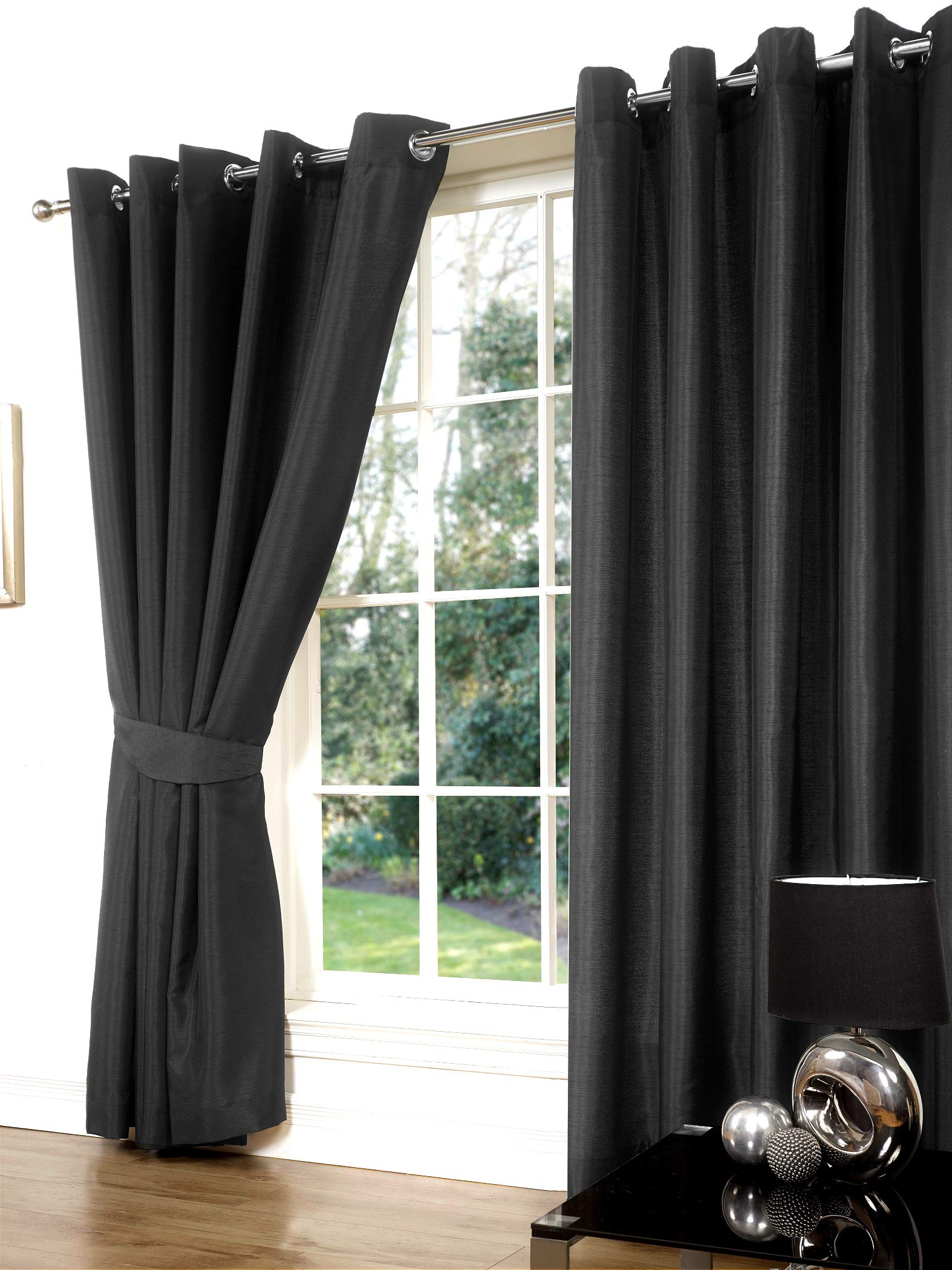 Littens 66" x 108" (168cm x 274cm) Luxury Charcoal Slate Grey Faux Silk Slubb Effect Eyelet, Ring Top Pair Curtains, Lined Inc Tiebacks Lightweight