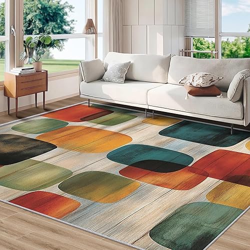 Miniatura 3 de Alfombra geométrica, lavable de 8 x 10 pulgadas, alfombras de mediados de siglo para sala de estar, dormitorio, alfombra antideslizante suave de