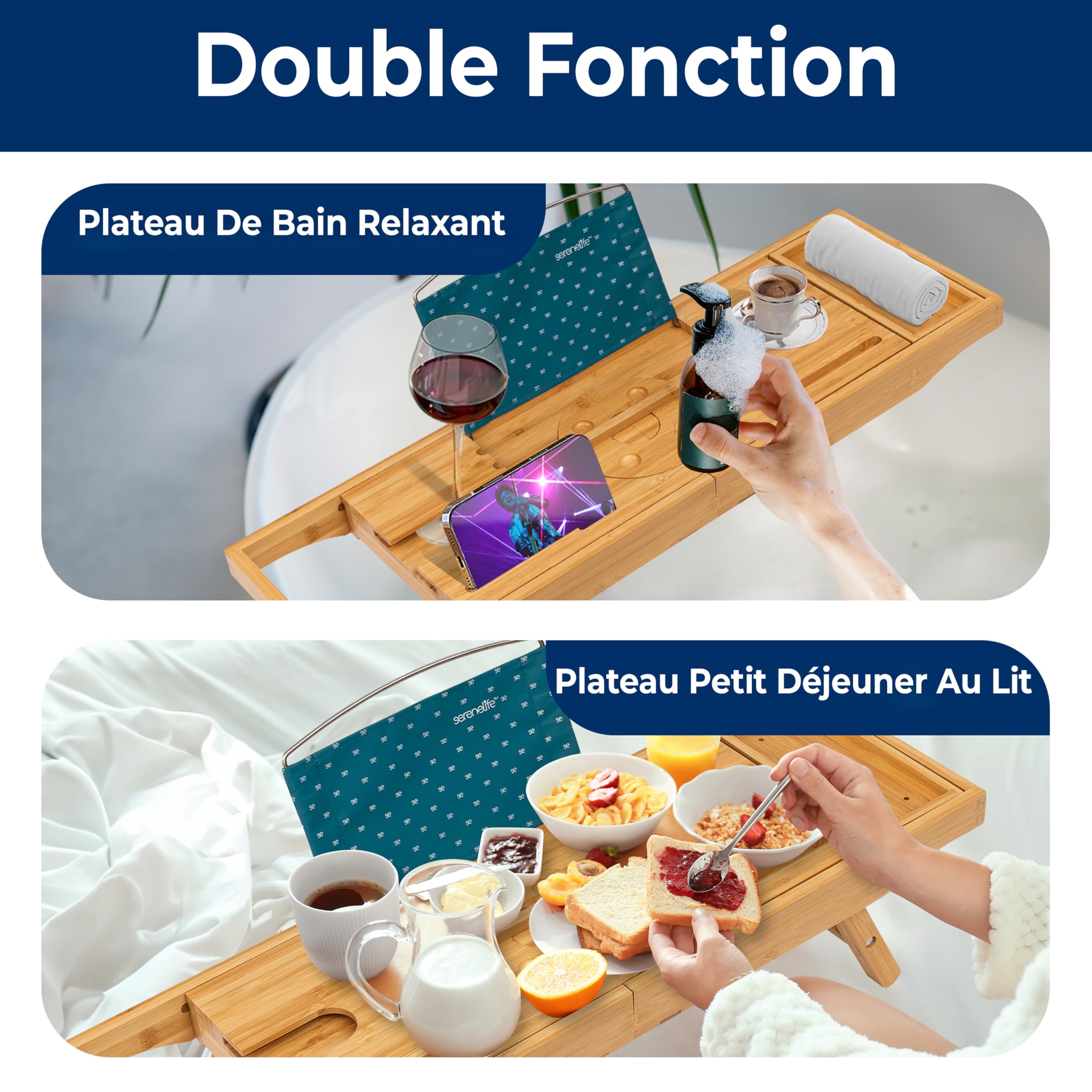 SereneLife Plateau de Baignoire en Bambou Extensible – Support de Bain Réglable avec Poignées Antidérapantes, Porte-Verre à Vin et Support pour Tablette ou Smartphone