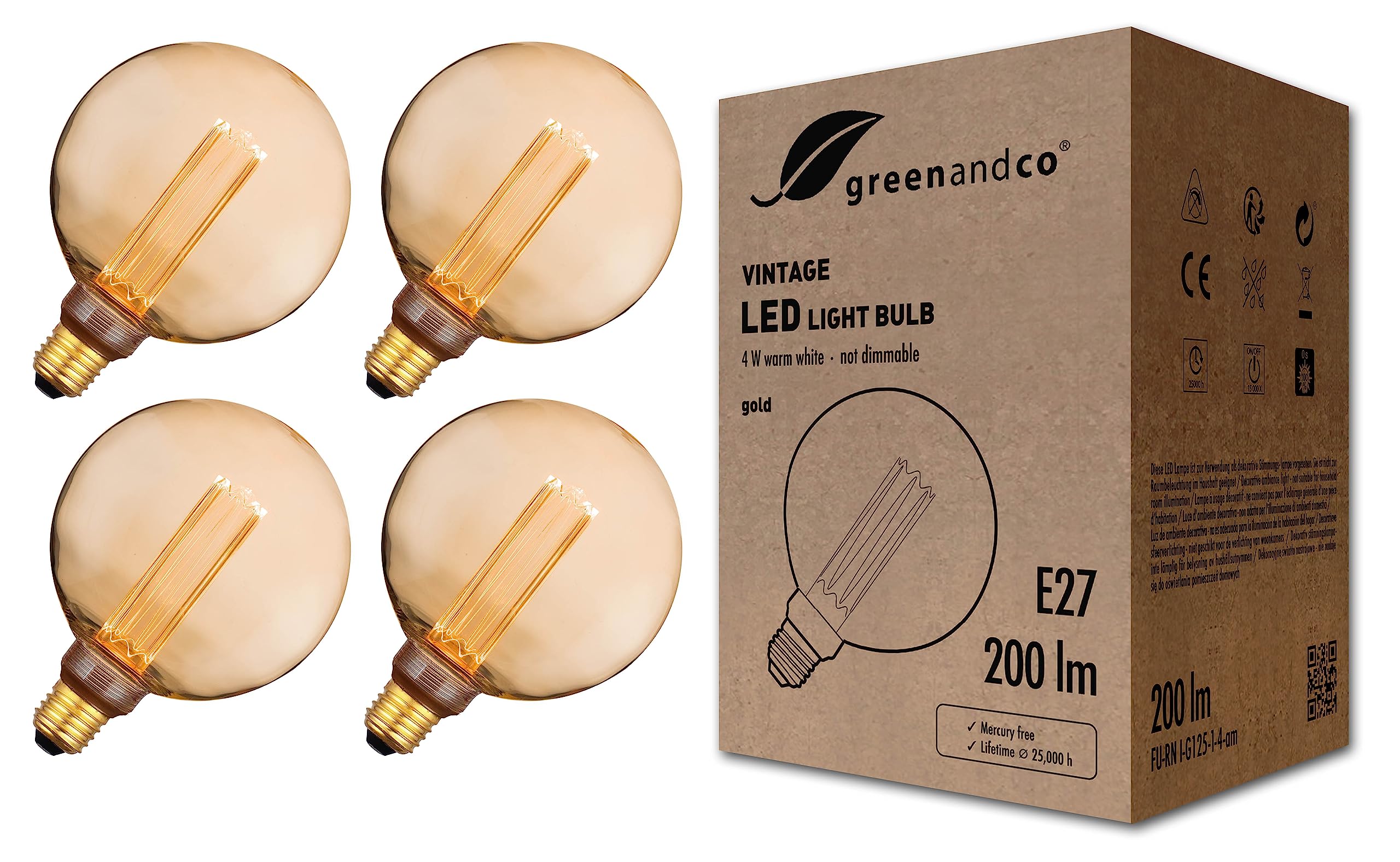 greenandco 4X Decorative LED Vintage Light Bulb | E27 G125 | Amber | 4W 200lm | 1800K Extra Warm White | 320° | 230V | Flicker Free | Not Dimmable