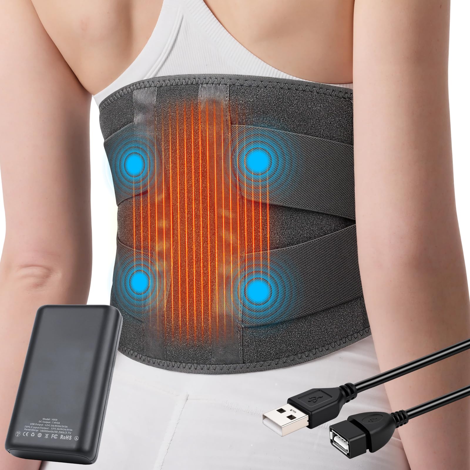 Ceinture Lombaire Chauffante, 16000mAh Batterie Coussin Chauffant Electrique pour La Taille Sans Fil, Ceinture Massante Chauffante avec 3 Modes De Massage et 3 Niveaux de Température,Timer (Gris)