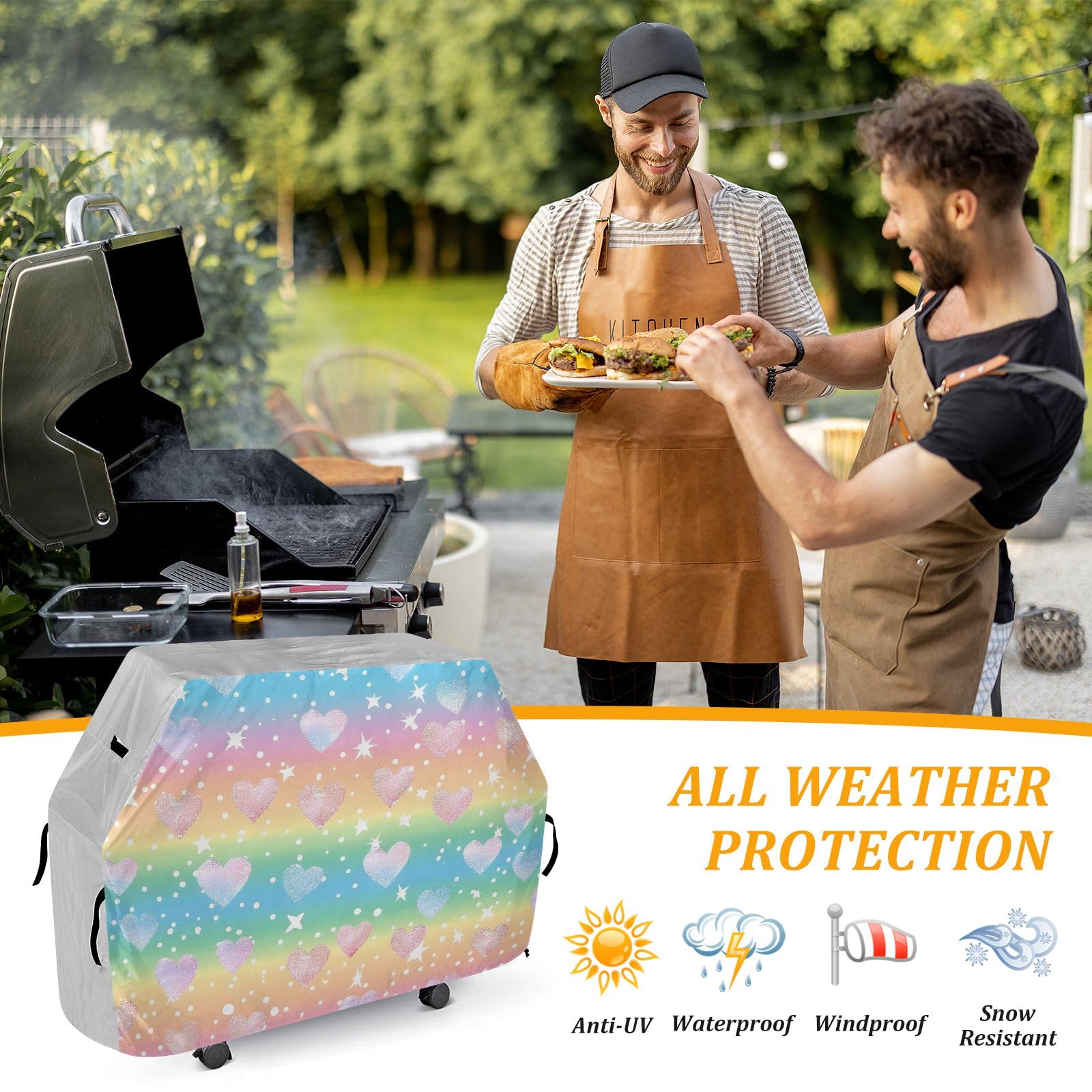 Copertura per barbecue a forma di cuore arcobaleno pastello impermeabile resistente per barbecue all'aperto