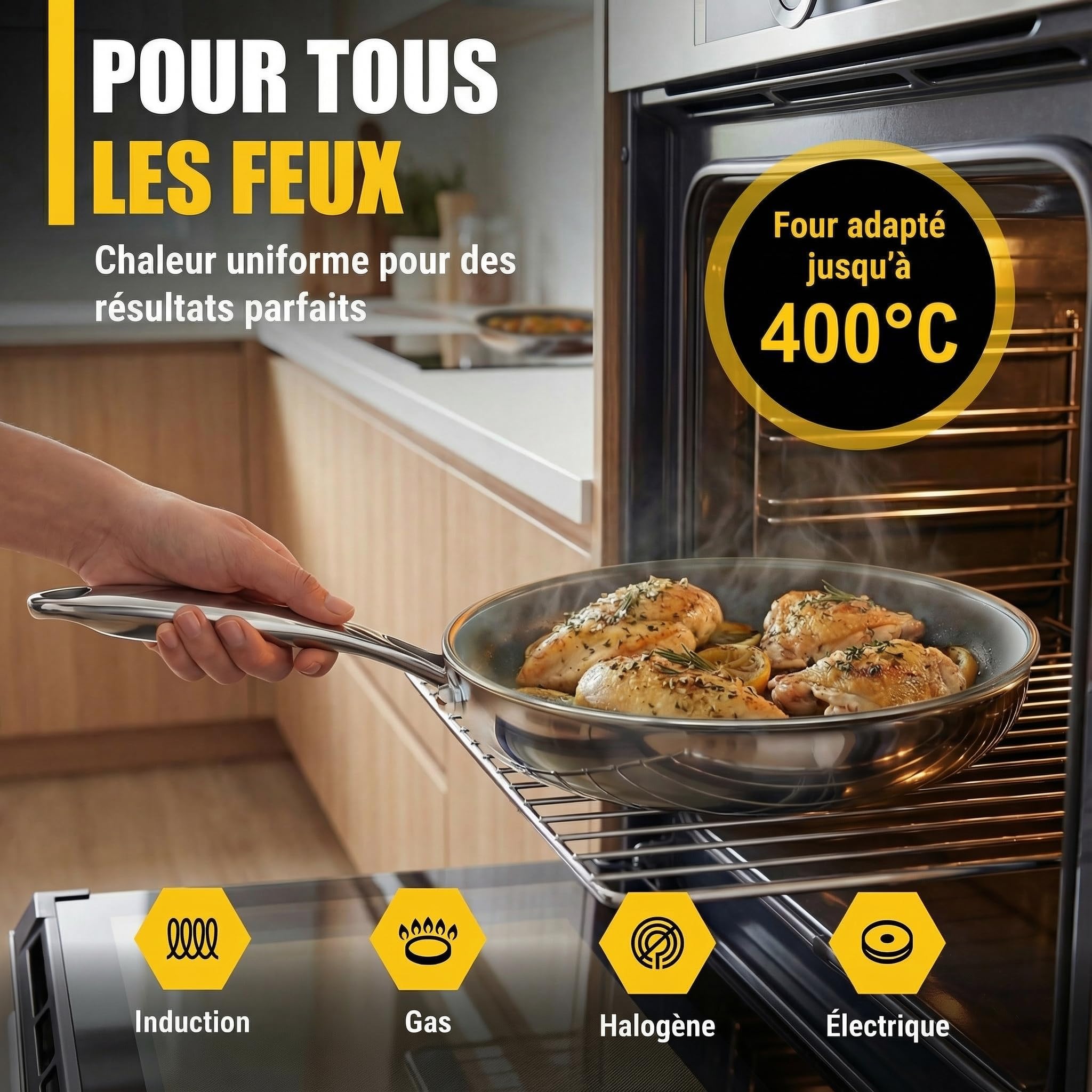 Poêle en acier inoxydable 18/10 Ø 32cm | 5 couches - 3mm - 1,67 kg | Résistant au four jusqu'à 400°C | Poêle en acier inoxydable pour induction et Lavable au lave-vaisselle