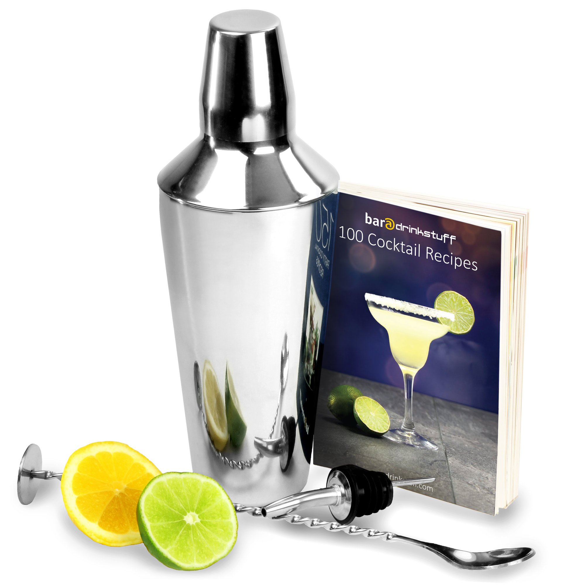 Bar@Drinkstuff Silver Tom Collins Cocktail Set With Cocktail Recipe Book, Cocktail Shaker, Mixing Spoon & Pourer | Cocktail Making Set