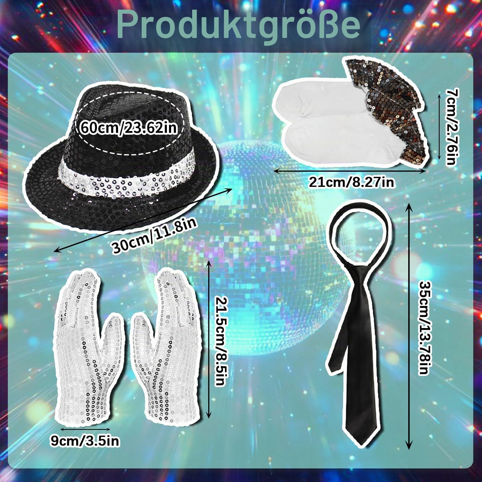 Erwachsenenkostüm King of Pop, 80er Jahre Tänzerin Rocker Star Cosplay Verkleidung Kostüm Zubehör mit Jazz Pailletten Hut Jacke Top Hose Handschuhe Socke Krawatte King of Pop für Halloween Karneval 80