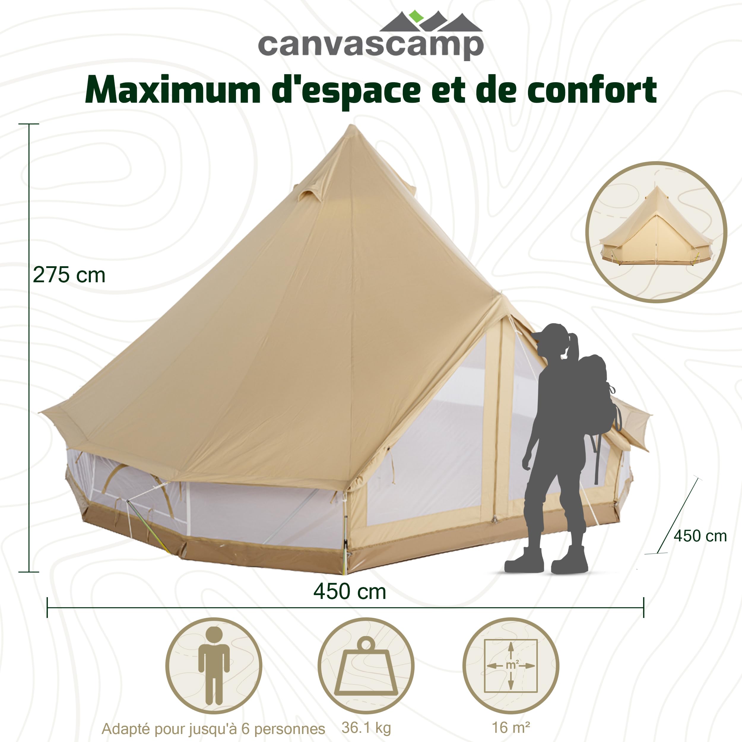 SIBLEY 450 ProTech Glamping Tente de camping en toile étanche pour 6 personnes Parois latérales amovibles Mur anti-moustiques intégré Tente de luxe pour festivals et aventures en plein air