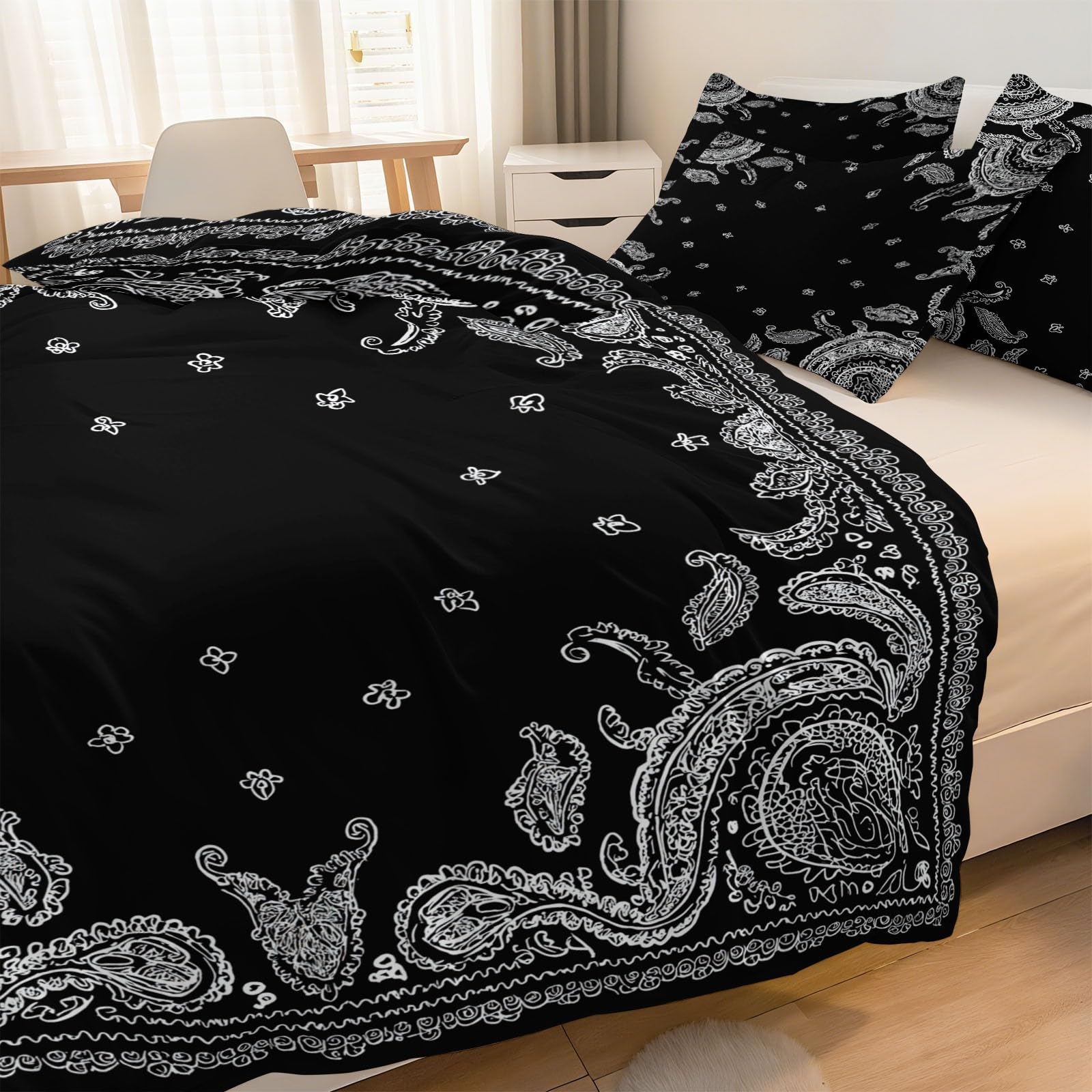 Generico Czarna miękka szczotkowana poszwa na kołdrę z mikrofibry i 2 poszewki na poduszki - Dwustronny elegancki uroczy tradycyjny zestaw pościeli 200 x 200 cm