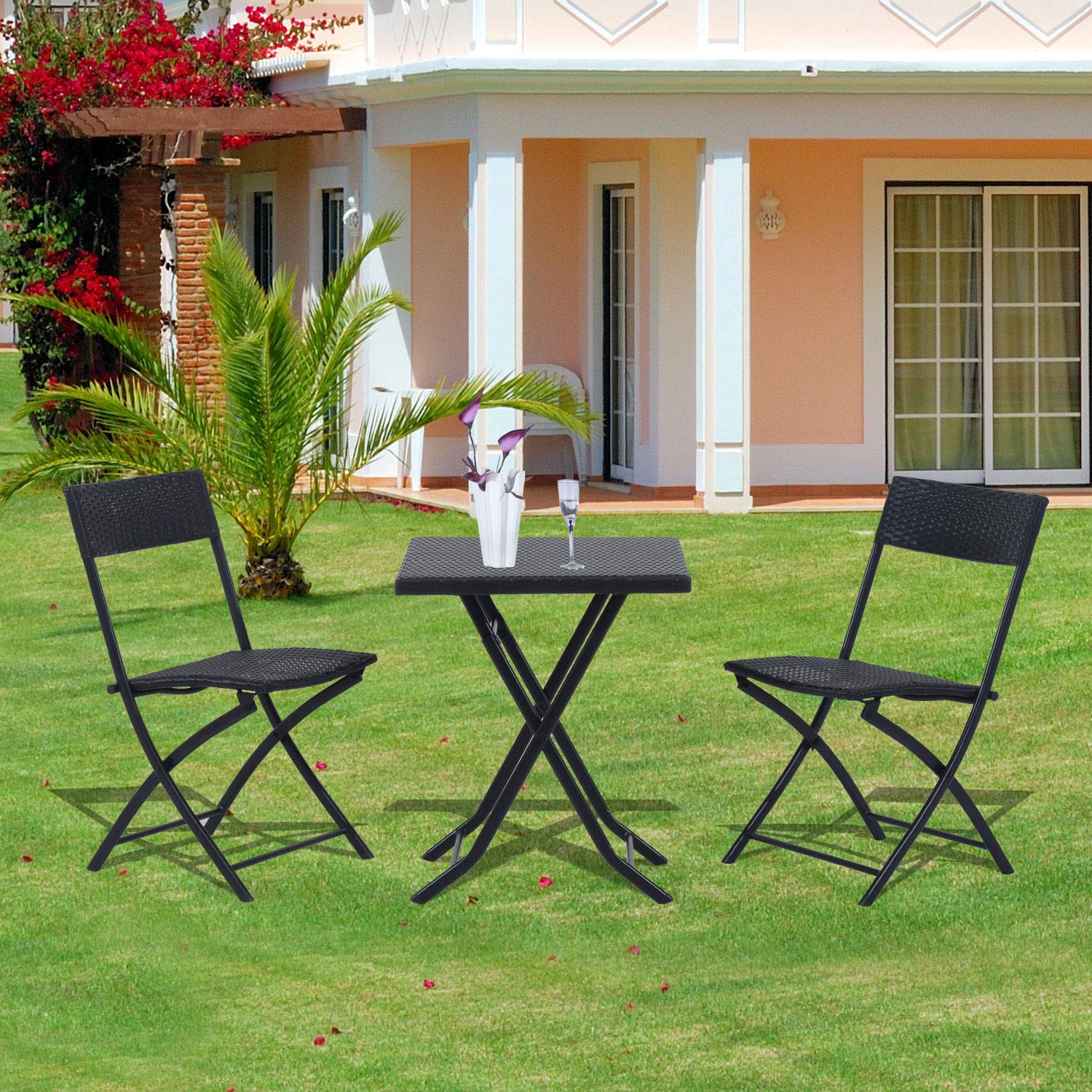 Outsunny Conjunto de Muebles de Jardín Plegable de 3 Piezas Juego de Sillas y Mesa de Ratán para Patio Balcón Jardín Diseño Trenzado Elegante Mesa de 60x60x72 cm Negro