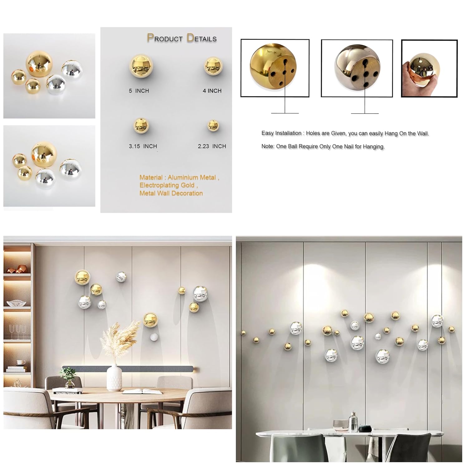 ZOVE Metal Wall Decor Set of 10 Luxury Ball Design Perfect for Living Room/Hotel/Restaurant/Bedroom/Drawing Room (Electroplating Gold And Silver) ZOVE Metal Wall Decor Set of 10 Luxury Ball Design Perfect for Living Room/Hotel/Restaurant/Bedroom/Drawing Room (Electroplating Gold And Silver)