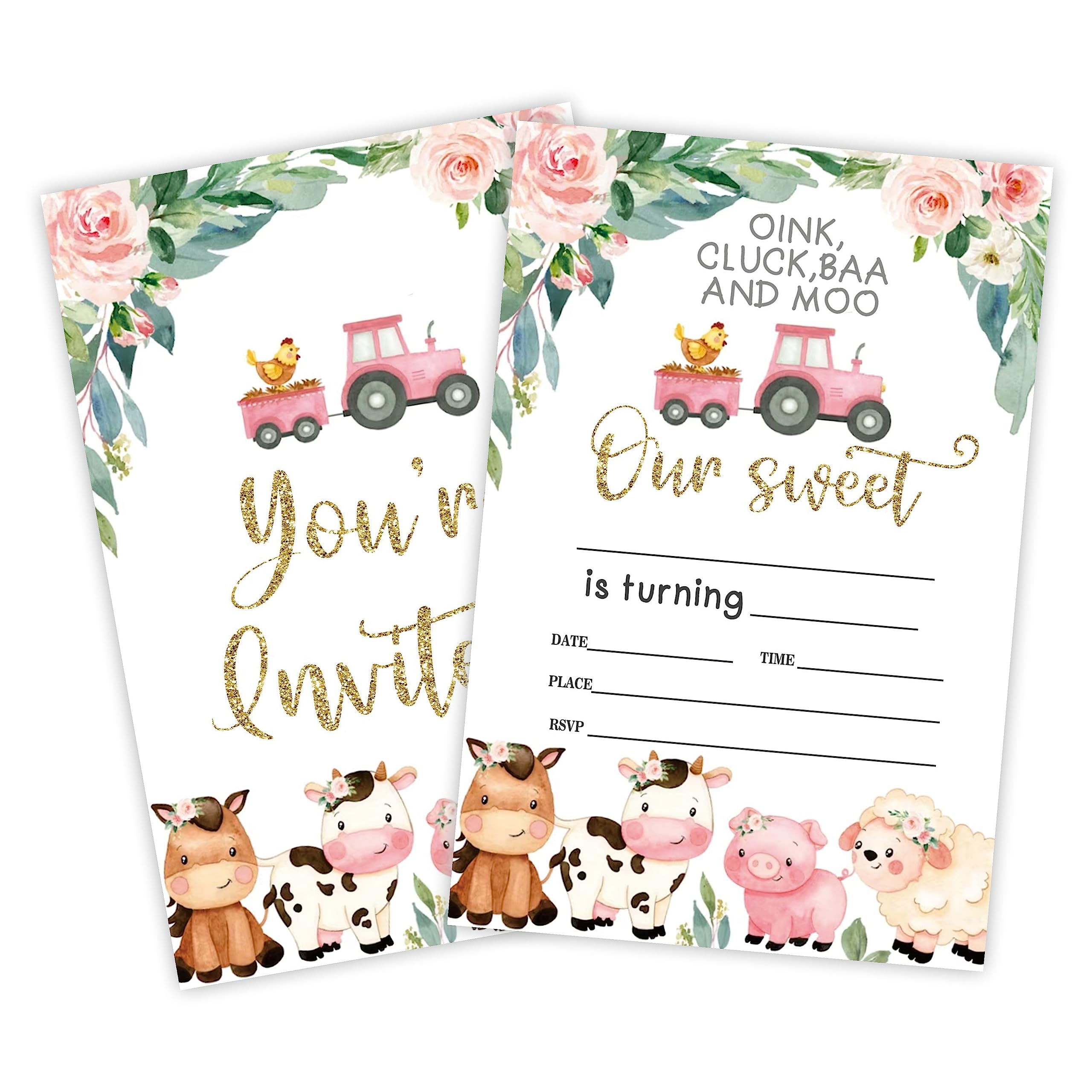 GREOXG Barnyard Animals Birthday Invitations, Watercolor Theme Party Invite Cards（20 Count With Envelopes, Fill In Style Invite Cards For Boys & Girls