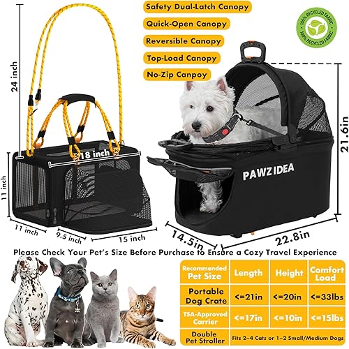 Miniatura 6 de PAWZIDEA Cochecito doble para mascotas con 2 transportadores desmontables, jaula portátil para perros para viajes en automóvil y transportador