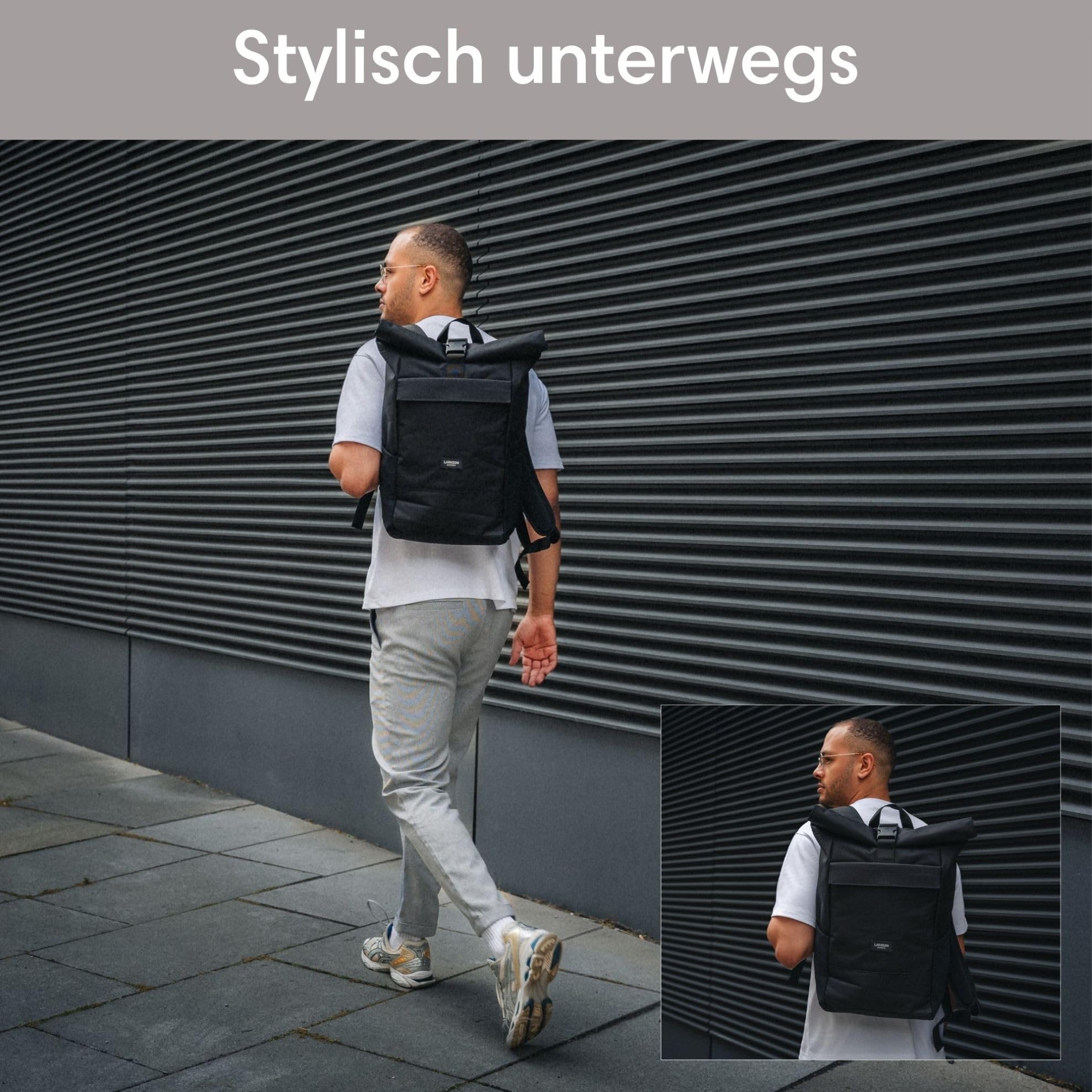 LARKSON Rucksack Damen & Herren - No 4 - Rolltop Backpack mit Laptopfach Uni, Arbeit & Fahrrad - Großer Reiserucksack - Wasserabweisend