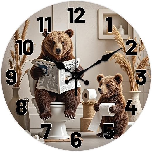 CHGCRAFT Funny Bear Wall Clock 12 Inch Toilet Clock Newspaper Wood Board Round Decorative Clocks for Bedroom CHGCRAFT Funny Bear Wall Clock 12 Inch Toilet Clock Newspaper Wood Board Round Decorative Clocks for Bedroom Living Room Kitchen Office