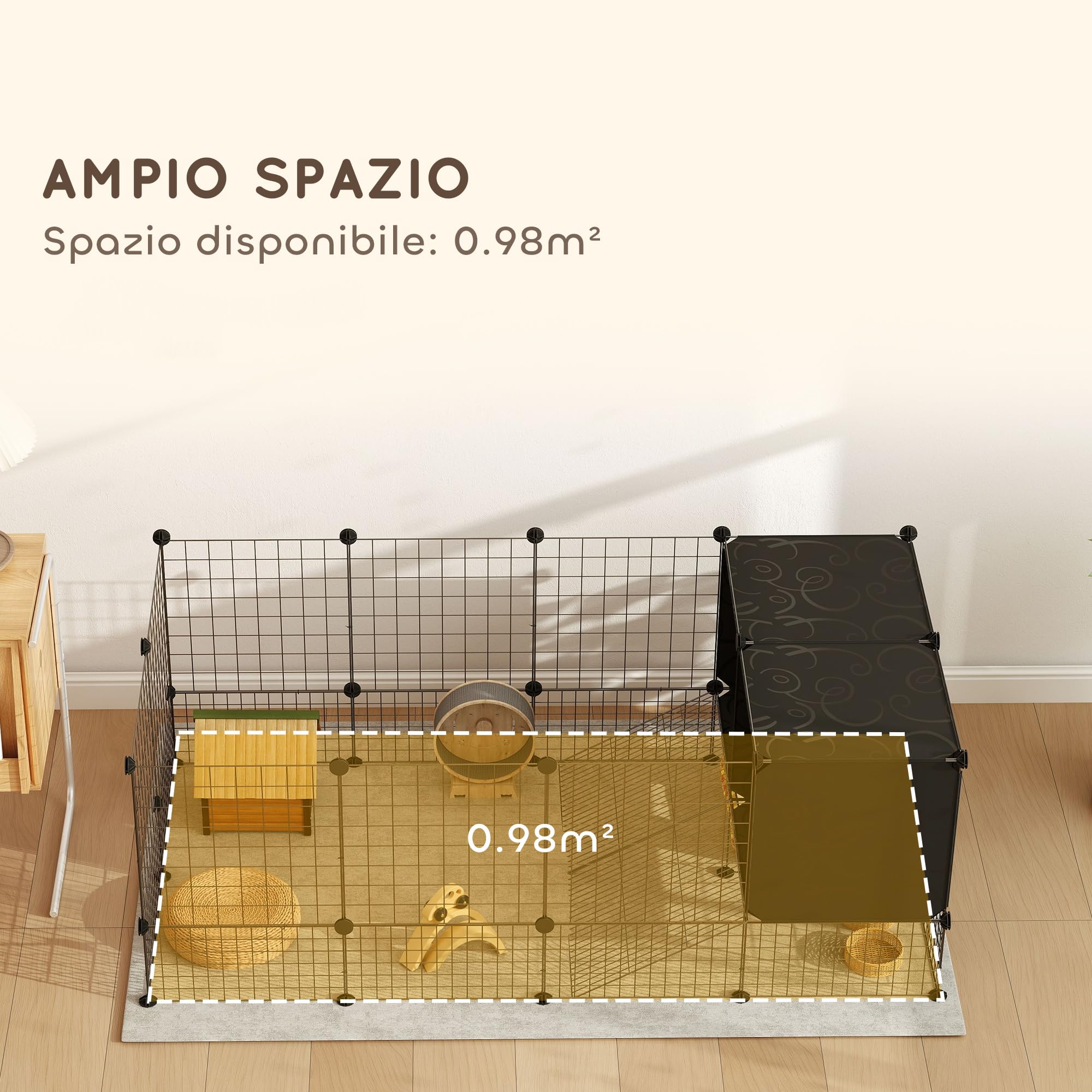 PawHut Gabbia per Animali Piccoli Modulabile con 2 Casette Rialzate, Recinto per Conigli, Porcellini d'India e Ricci da interno con 31 Pannelli, Nero