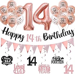 14th Birthday Decorations for Boys Girls - Black Rose Gold Glitter Happy 14th Birthday Letter Banner and Pennant Flags, Number 14 Foil Balloons and Hanging Swirls for 14 Years Old Children Party