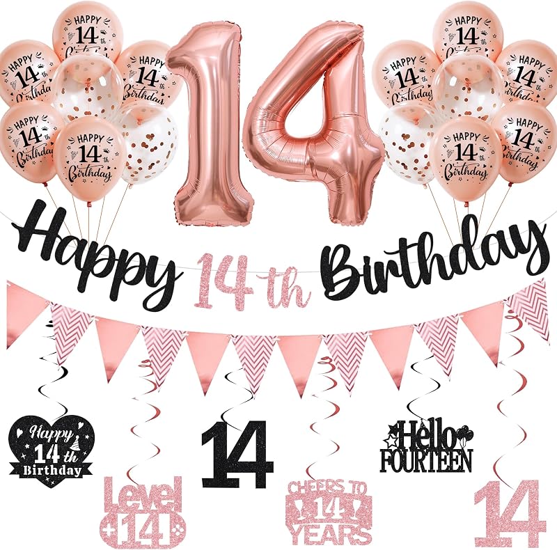 14th Birthday Decorations for Boys Girls - Black Rose Gold Glitter Happy 14th Birthday Letter Banner and Pennant Flags, Number 14 Foil Balloons and Hanging Swirls for 14 Years Old Children Party