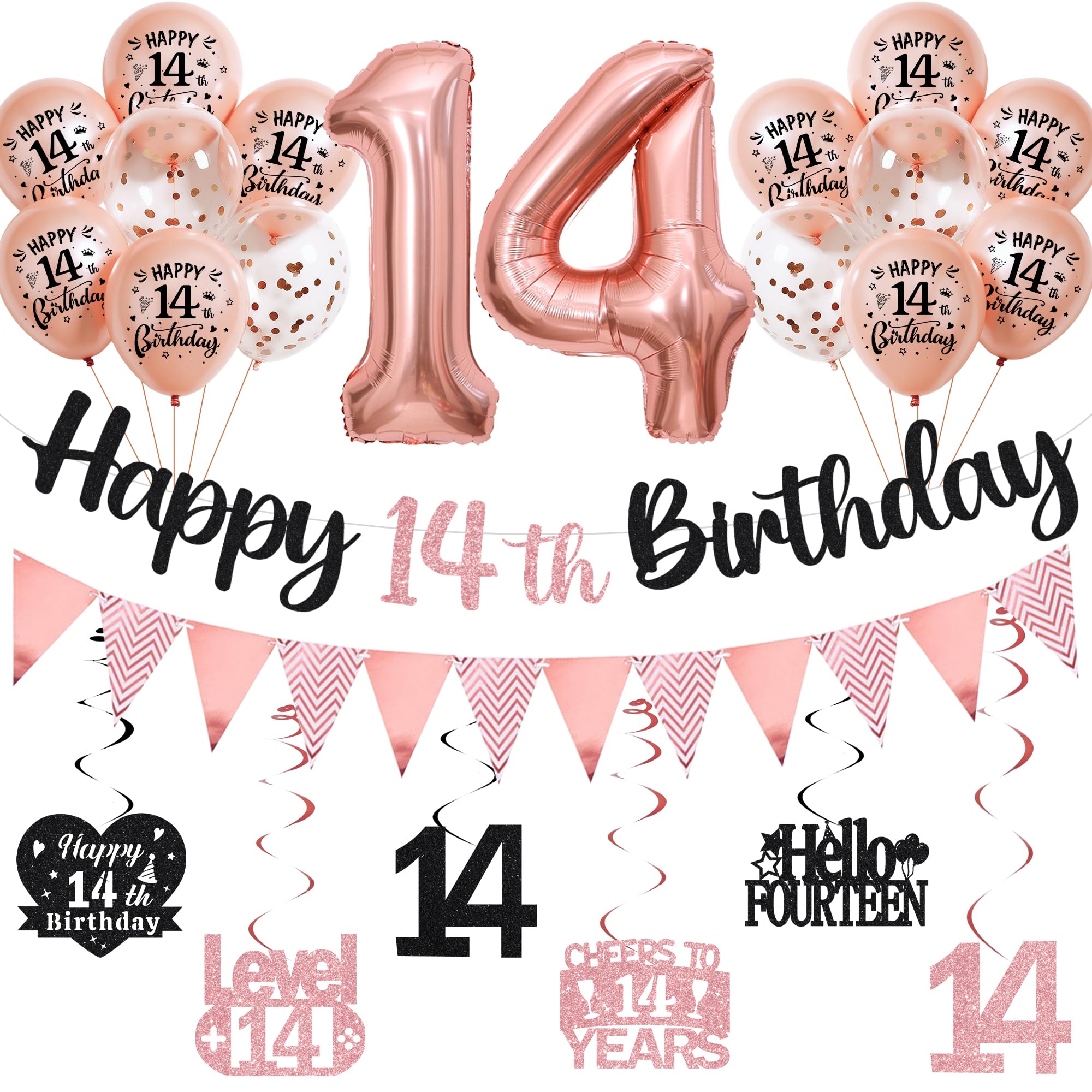 14th Birthday Decorations for Boys Girls - Black Rose Gold Glitter Happy 14th Birthday Letter Banner and Pennant Flags, Number 14 Foil Balloons and Hanging Swirls for 14 Years Old Children Party