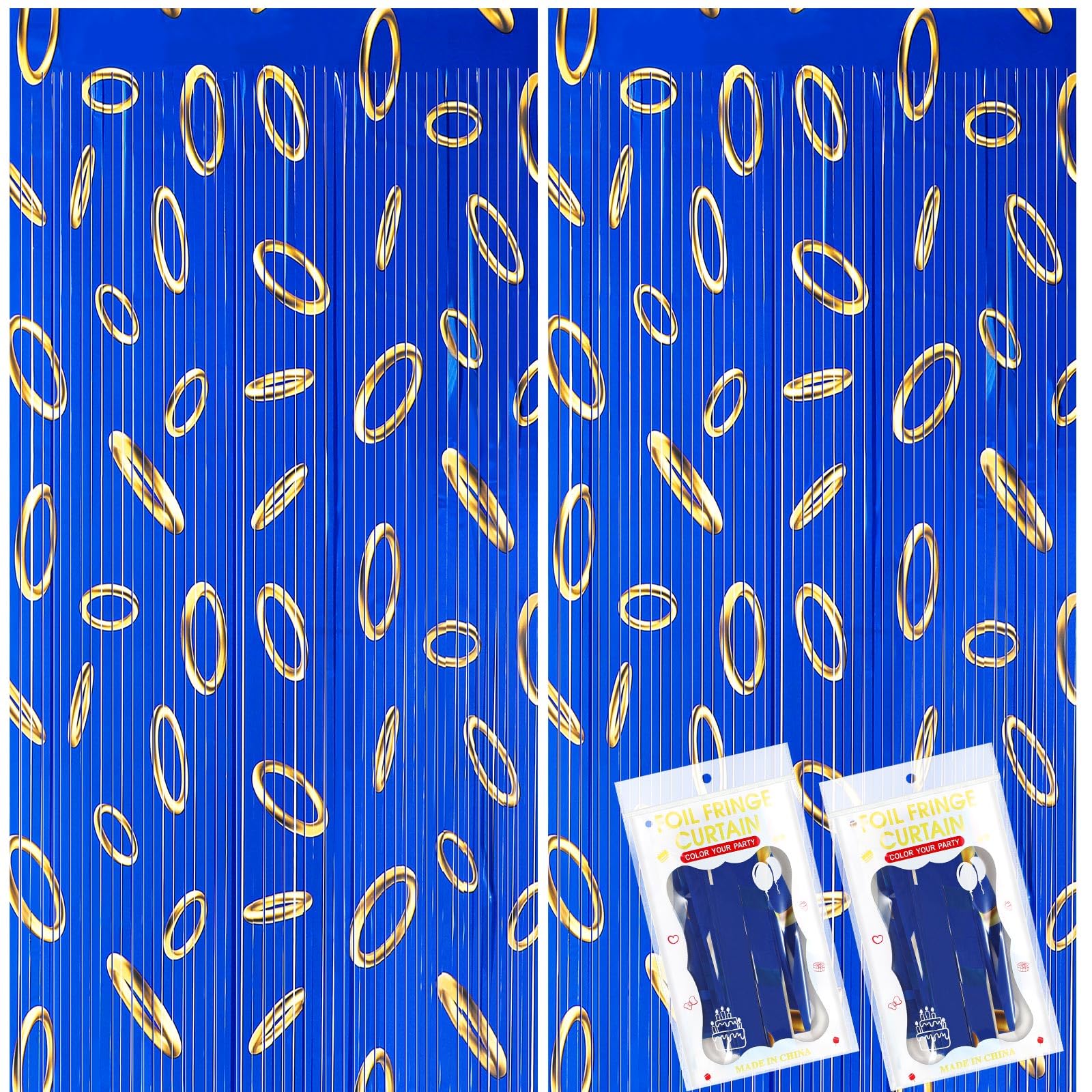 Tingjoo 2 Pcs Blue with Gold Ring Print Themed Birthday Party Supplies Cartoon Tinsel Foil Fringe Curtains Video Games Party Supplies Story Backdrop