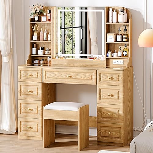 Arulvmrn 43" Makeup Vanity Desk with Mirror and Lights, & Power Outl, Glass Top Big Vanity Table with 9 Drawers& 8 Storage Shelves, Dressing Table Set with Chair for Bedroom, Wood