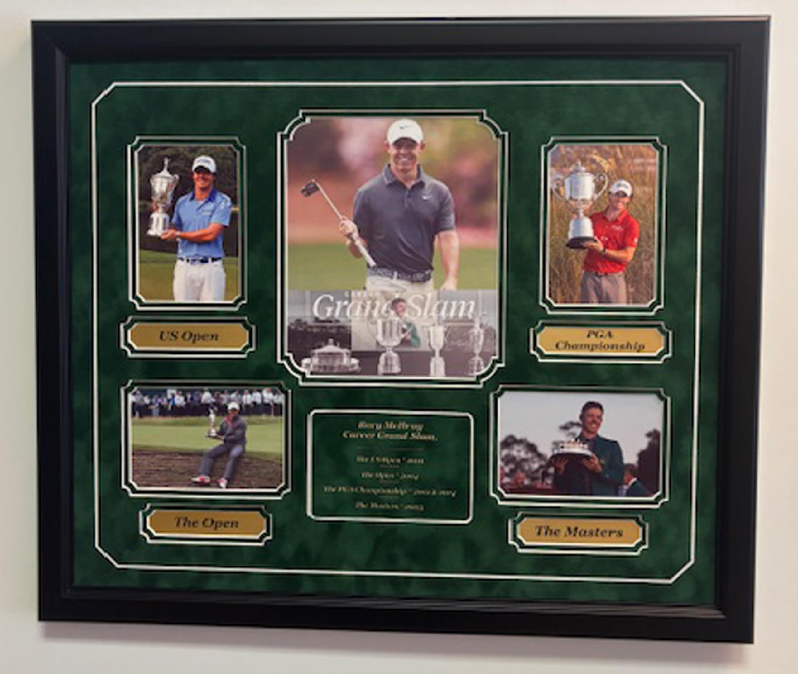 Rory McIlroy Career Grand Slam multi photos professionally framed and double matted with engraved nameplates (Black)