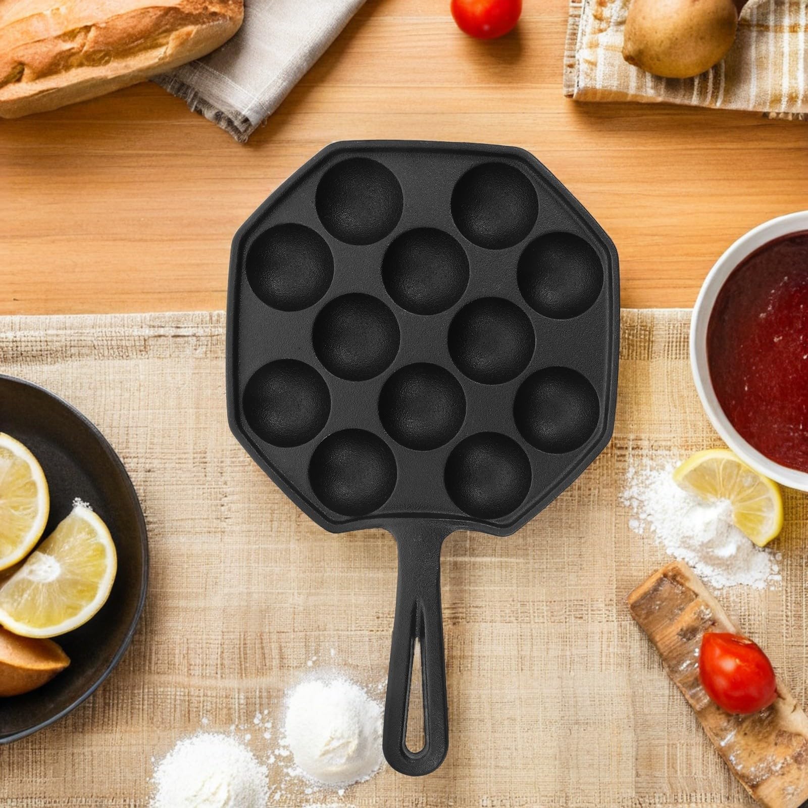 Housoutil Padella in Ferro Fuso a 12 Fori, Nera, per Cottura | Dimensione Compatta, Uso Versatile, Adatta a Riunioni e Cucine Piccole, Manutenzione Semplice