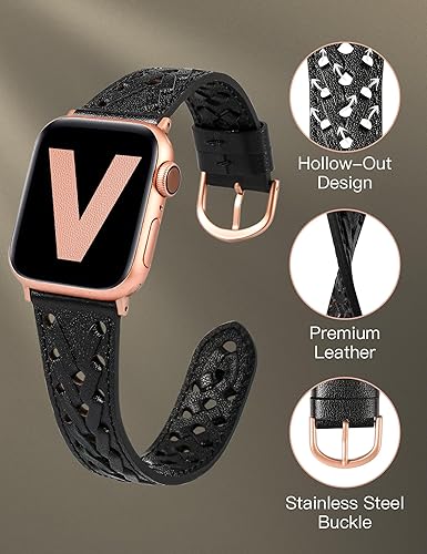 Miniatura 3 de Wearlizer Correa de cuero compatible con Apple Watch Band de 414038444546491.654 in para mujeres y hombres, correa trenzada ahuecada y elegante para