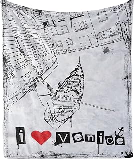 Ambesonne Grunge Throw Blanket, Gondola Silhouette on Venetian Canal with I Love Venice Frame Illustration, Flannel Fleece Accent Piece Soft Couch Cover for Adults, 50" x 60", Red Black White