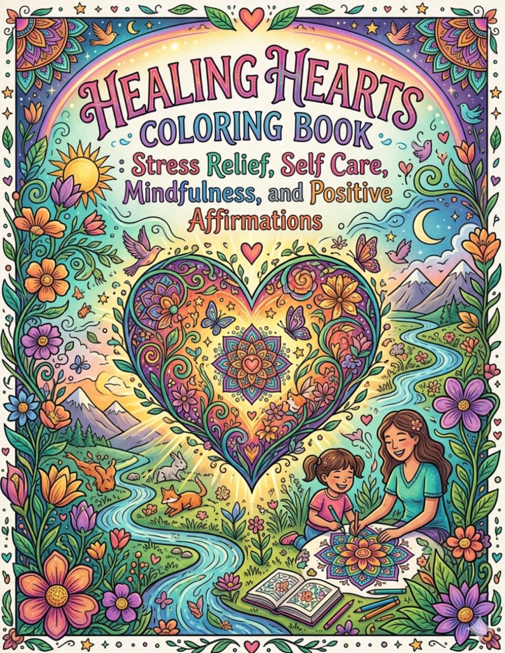 Healing Hearts Coloring Book: Stress Relief, Self Care, Mindfulness, and Positive Affirmations