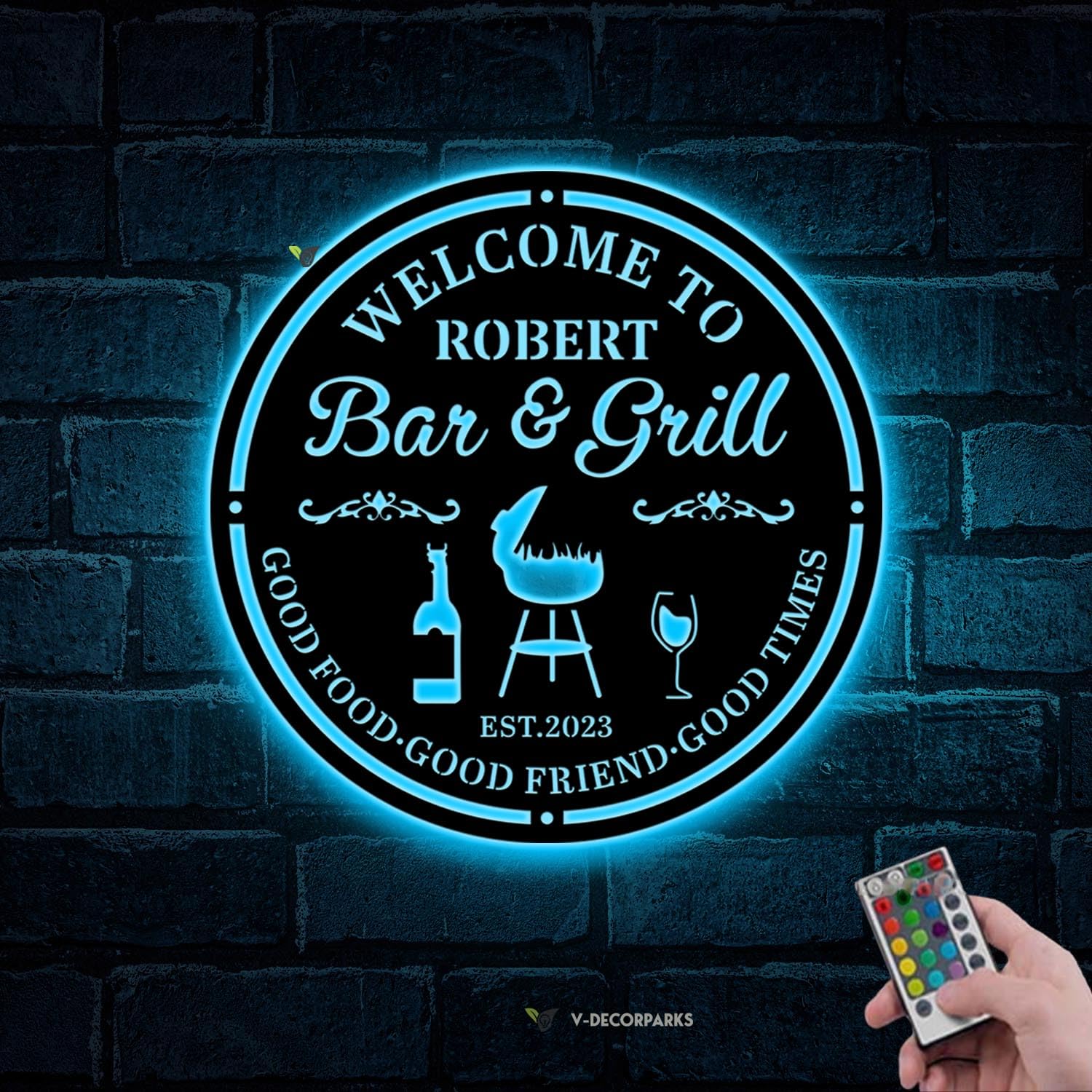 Bar & Grill Metal Wall Art LED Lights, BBQ LED Custom Name Sign - Outdoor Cooking Metal Sign Wall Decor, Welcome Sign Home Decor 08 Model-02