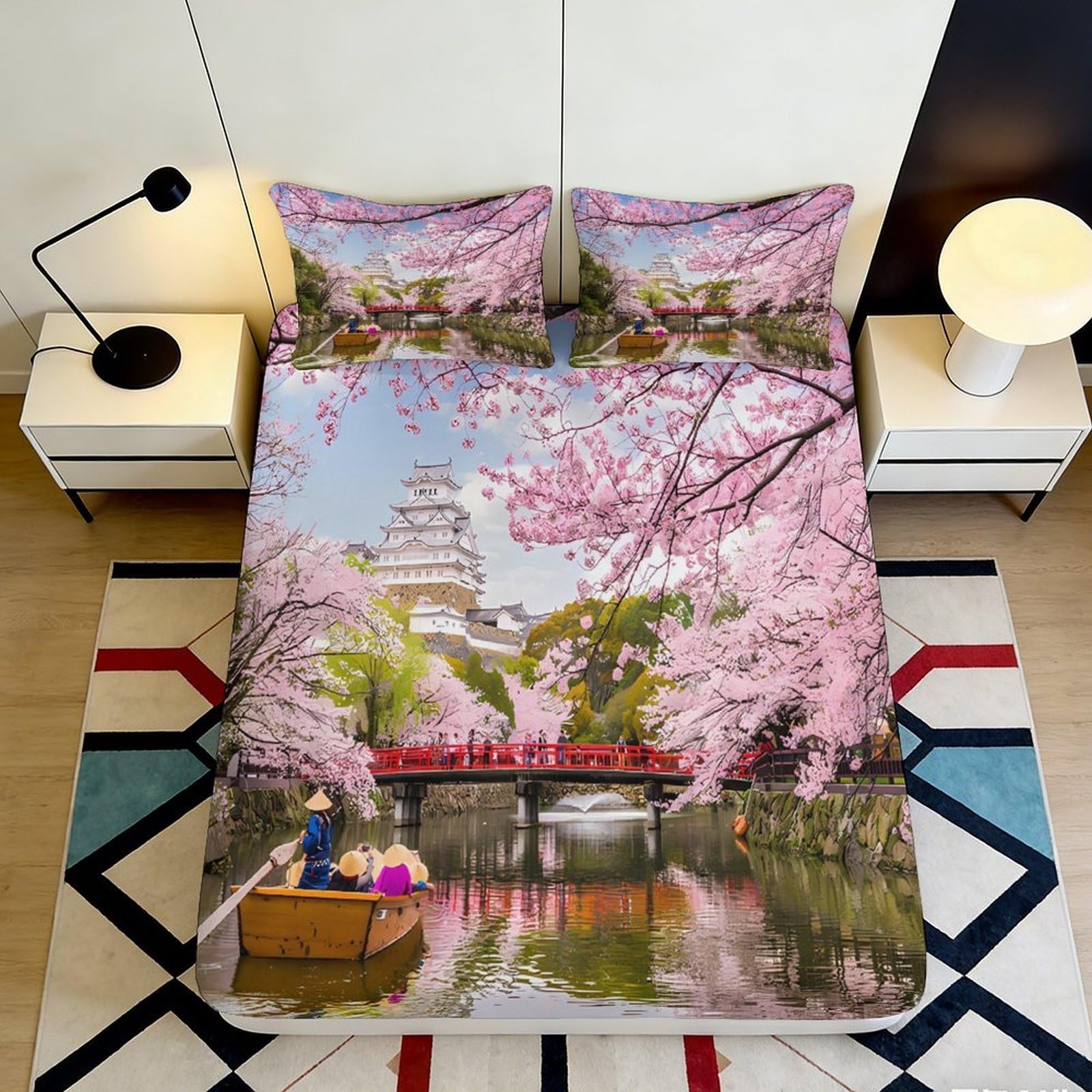 Jqzkxnhpbr Style-3 3D Printed Sakura Cherry Blossom Fitted Sheet Microfiber Soft Pink Japanese Castle Mattress Cover Bedroom Decor 90X200x25cm