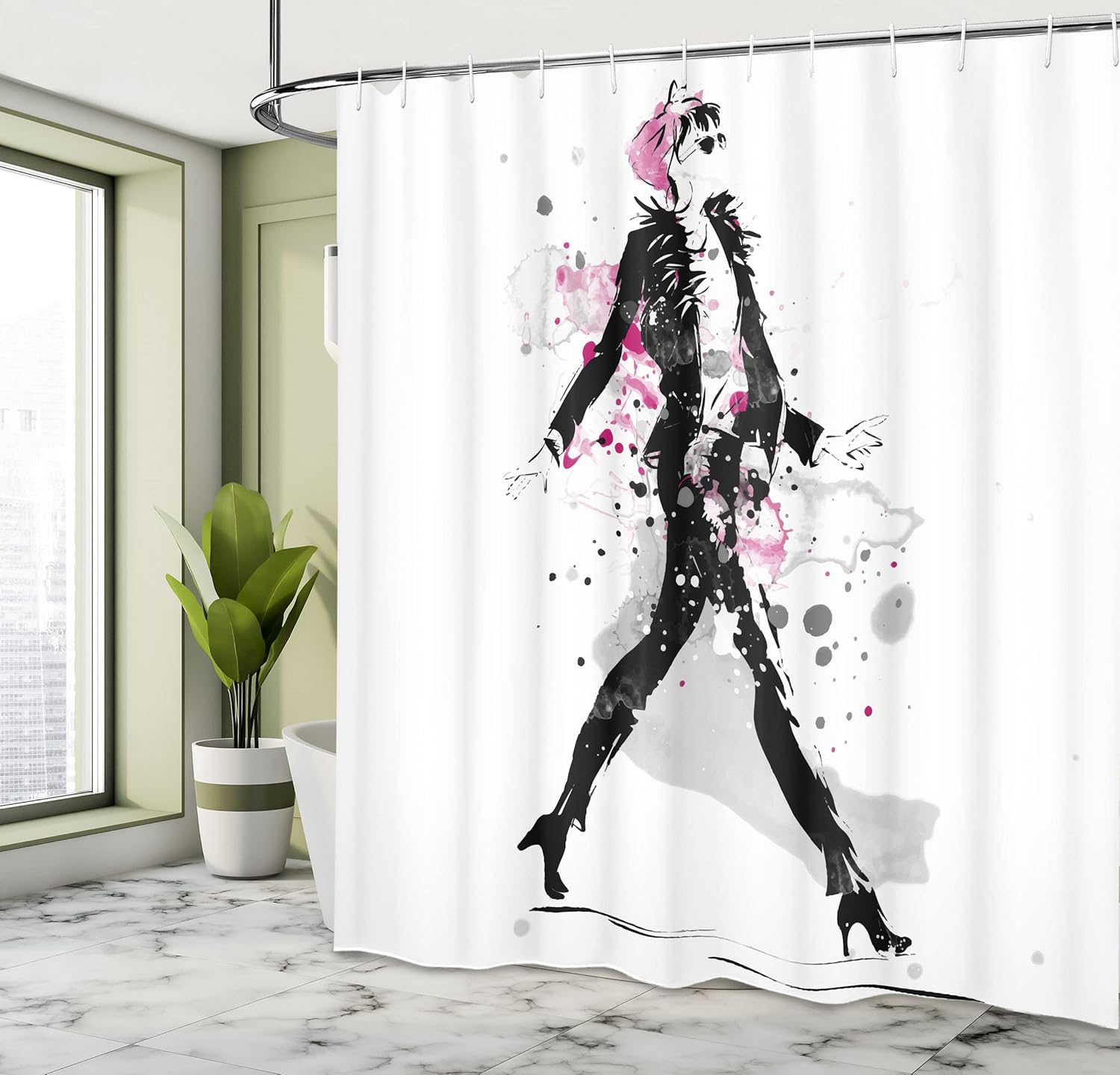 Ambesonne Fashion Shower Curtain, Woman Model on Catwalk Runway in Vintage Clothes Design Illustration, Cloth Fabric Bathroom Decor Set with Hooks, 69" W x 75" L, Black and Pink