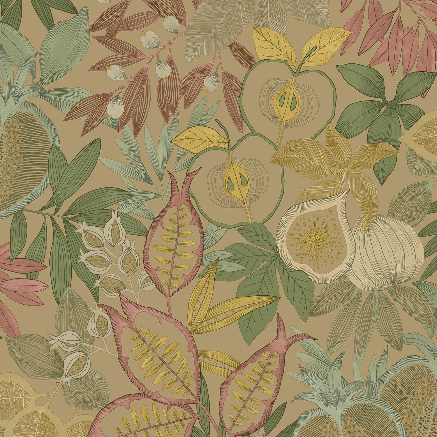 Yöl Gold Exotic Fruit Metallic Wallpaper - Botanical Leaves Tropical Naturistic - Stylish Modern Feature Wall