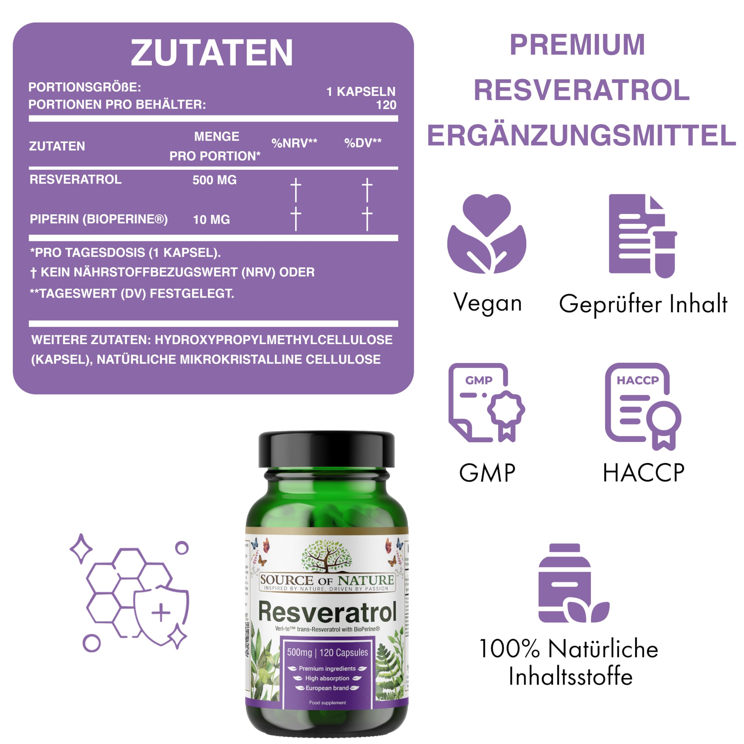 Trans-Resveratrol 500 mg | 120 vegane Kapseln | Hochdosiert | 98 % Reinheit | Natürlich fermentiert | Mit Piperin | Laborgeprüft | Premium-Qualität