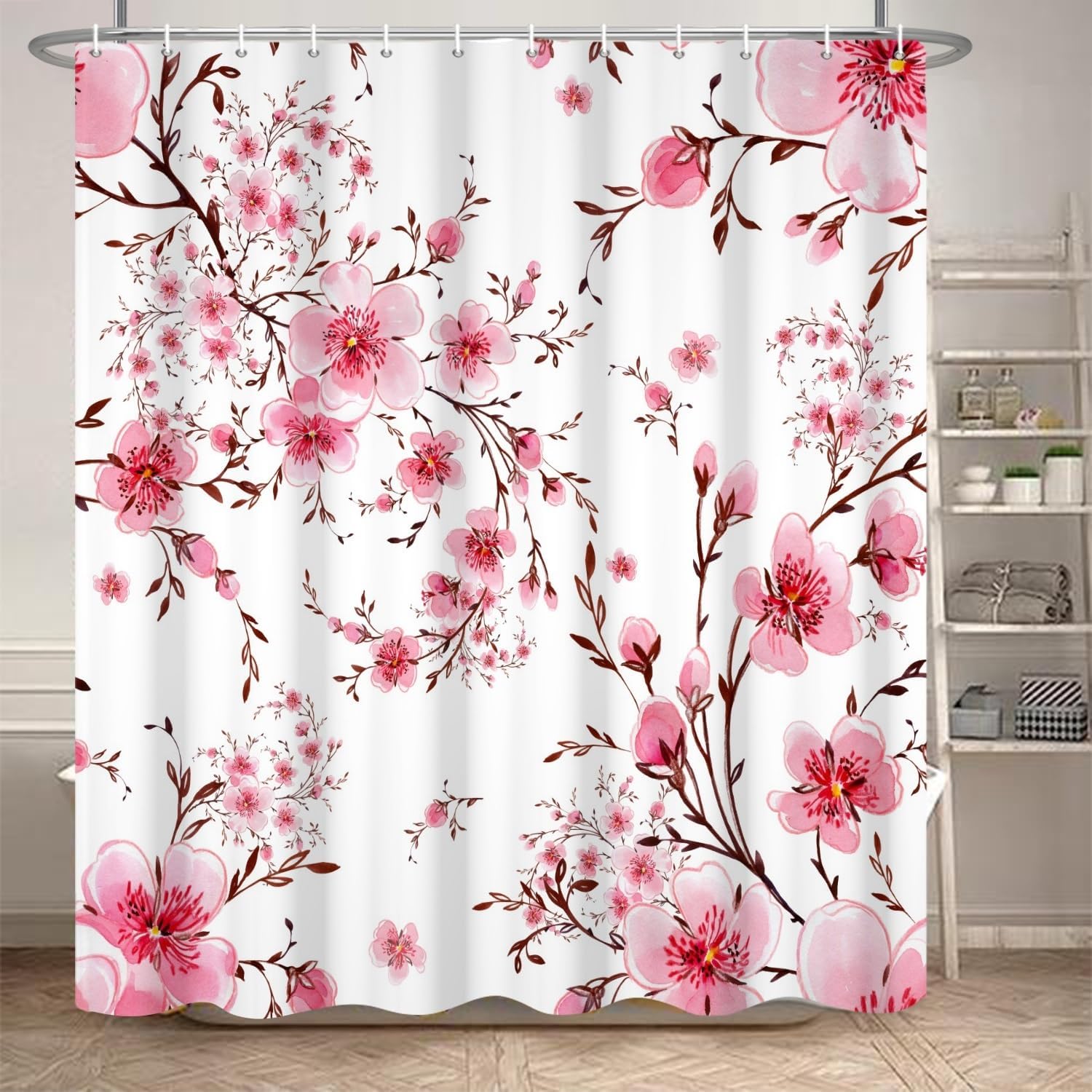 Cherry Floral Shower Curtain Spring Blooming Pink Flowers Chic Blossom Japanese Asian Art Shower Curtains for Bathroom Decoration Washable Durable Polyester Fabric, 72x72 Inch
