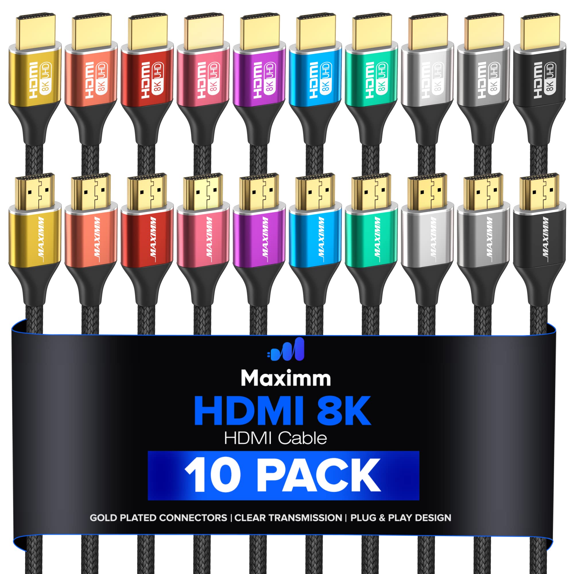 Maximm HDMI 2.1 Cable 10 Feet, Multicolor, 10 Pack, 8K 60Hz 4K 120Hz Ultra High Speed, 48Gbps, eARC, Dolby Vision
