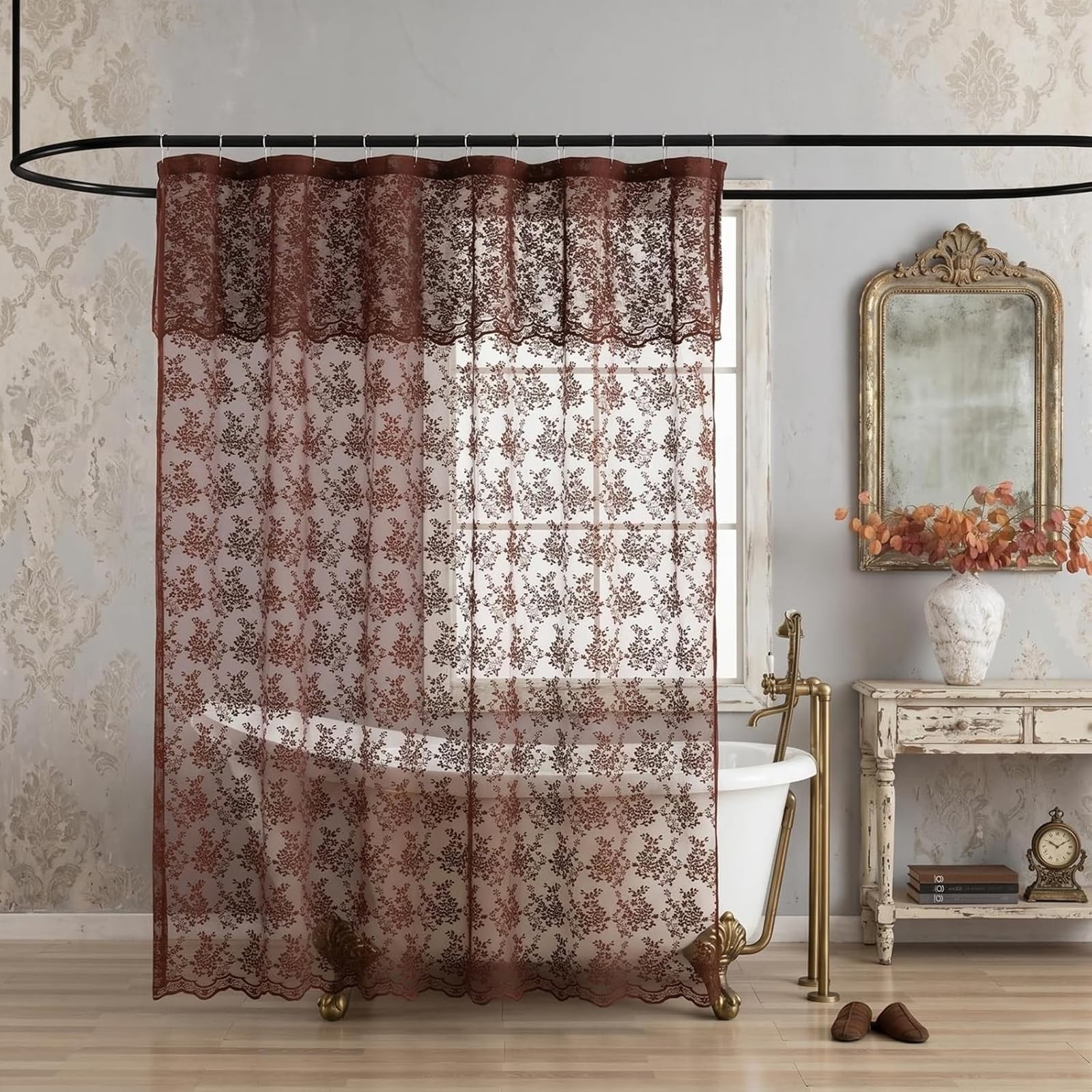 Chocolate Brown Shower Curtain, 72x84, Vintage Lace with Attached Valance