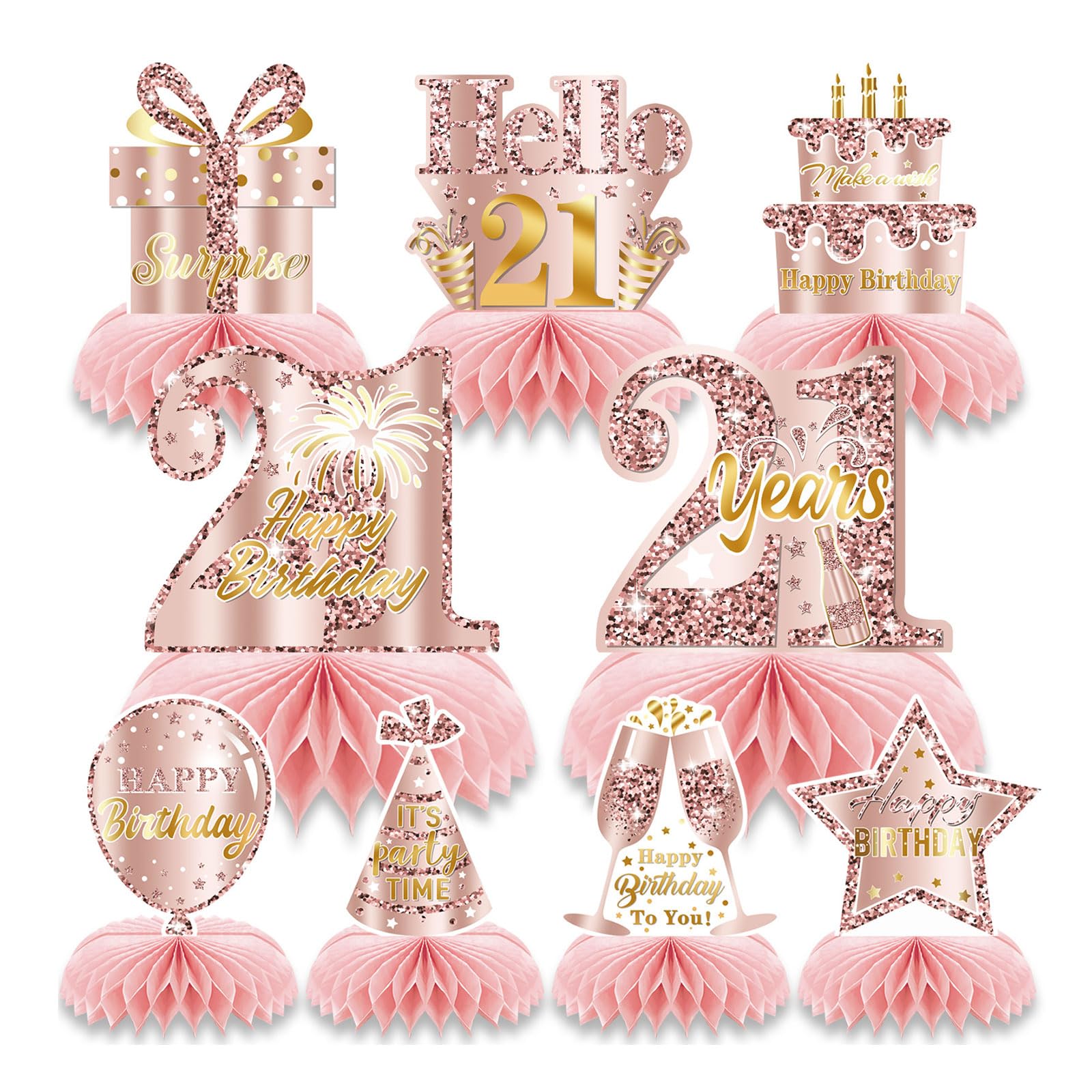 9 Pz Rosa Rosegold 21 Compleanno Alveare Centro Tavola Decorazione per Ragazze Felice 21 Compleanno Decorazione Tavola Feste Accessori Torta Diciotto Anni Decorazi