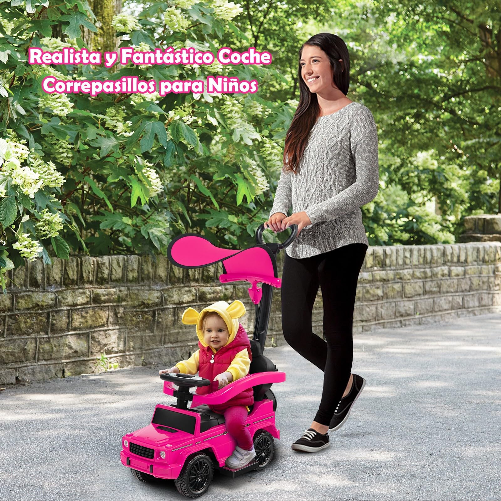 COSTWAY 3 en 1 Coche Correpasillos para Niños, Coche de Paseo Infantil Mercedes Benz con Toldo Ajustable, Manija para Padres, Barandilla para Apoyabrazos, Sonido del Motor y Bocina (Rosa)