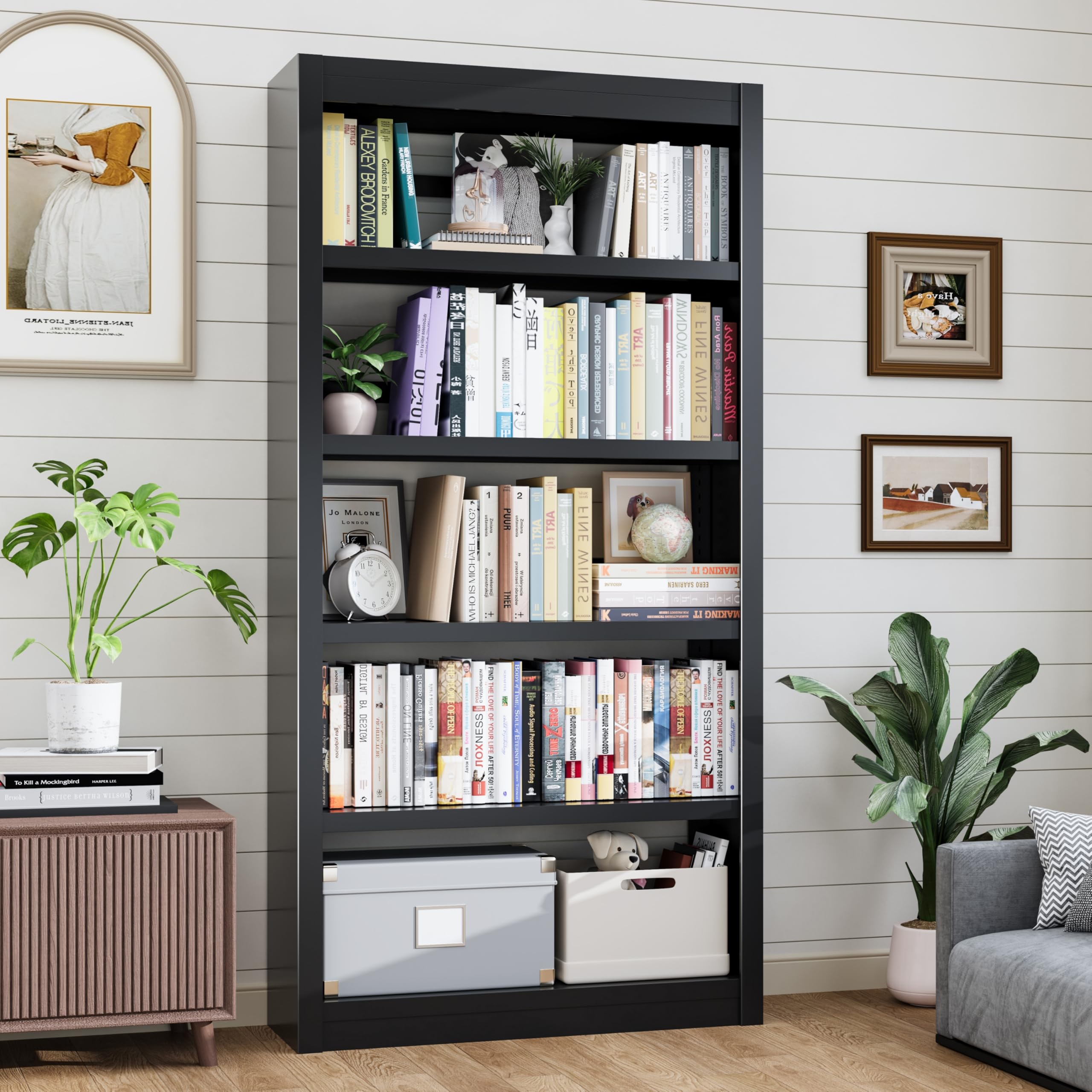 YILFANA 69" Metal Bookcase, 5 Tier Bookshelf with Adjustable Shelves, Heavy-Duty Steel Storage Shelves for Living Room, Home Office, Library, or