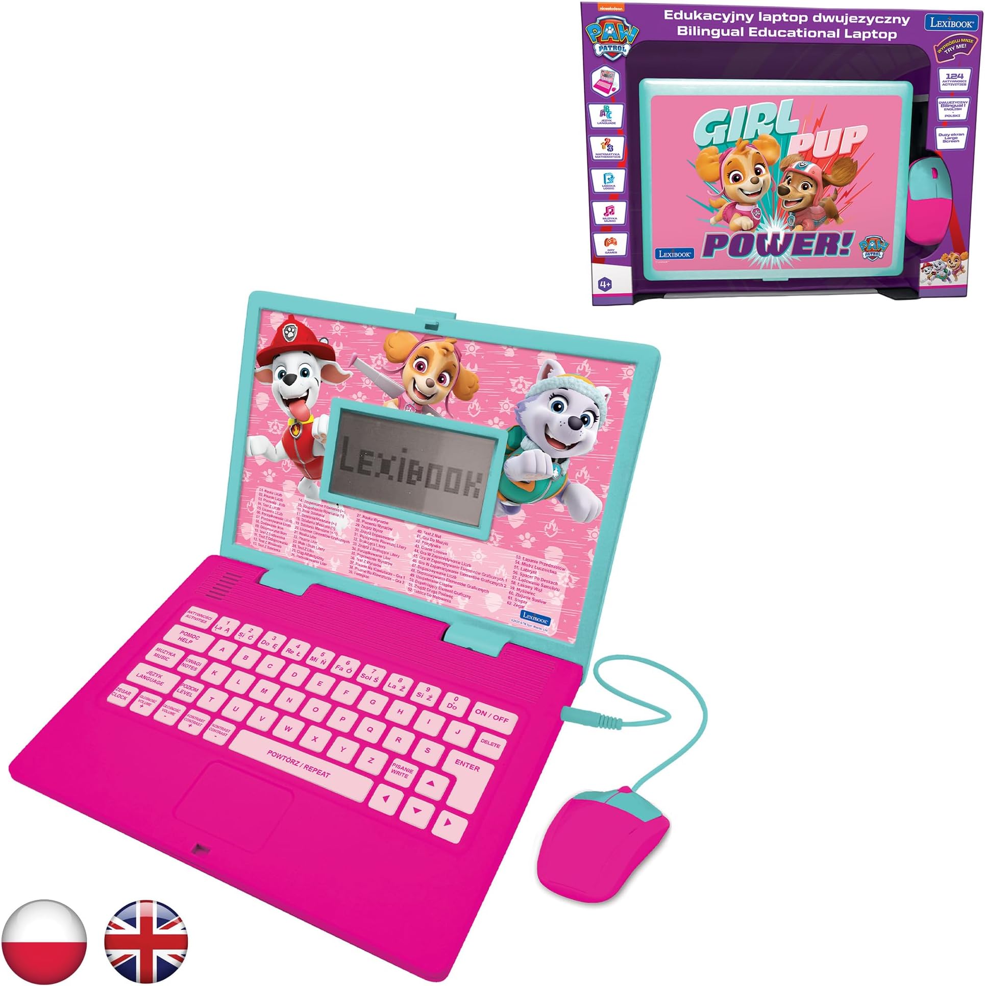 LEXIBOOK, Paw Patrol, Bilingual ENGLISH/POLISH Educational Computer, Toy for children with 124 language, writing, maths, logic, music activities and games, Pink, JC598PAGi17