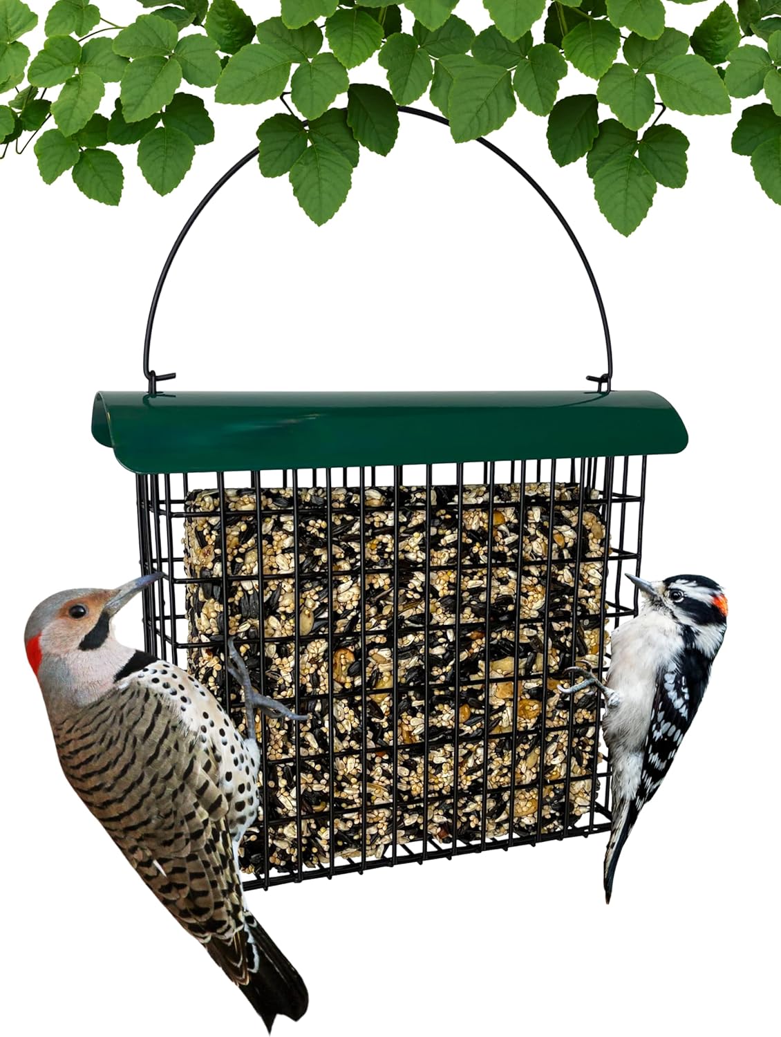 Large Suet Feeder - Metal Woodpecker Suet Cage with Metal Roof - Holds 1 Large Seed Cake