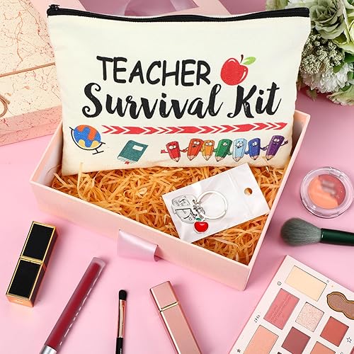 Miniatura 4 de Set de regalo de agradecimiento para profesores, bolsa de maquillaje para profesores, bolsa de cosméticos y llavero con inicial de agradecimiento