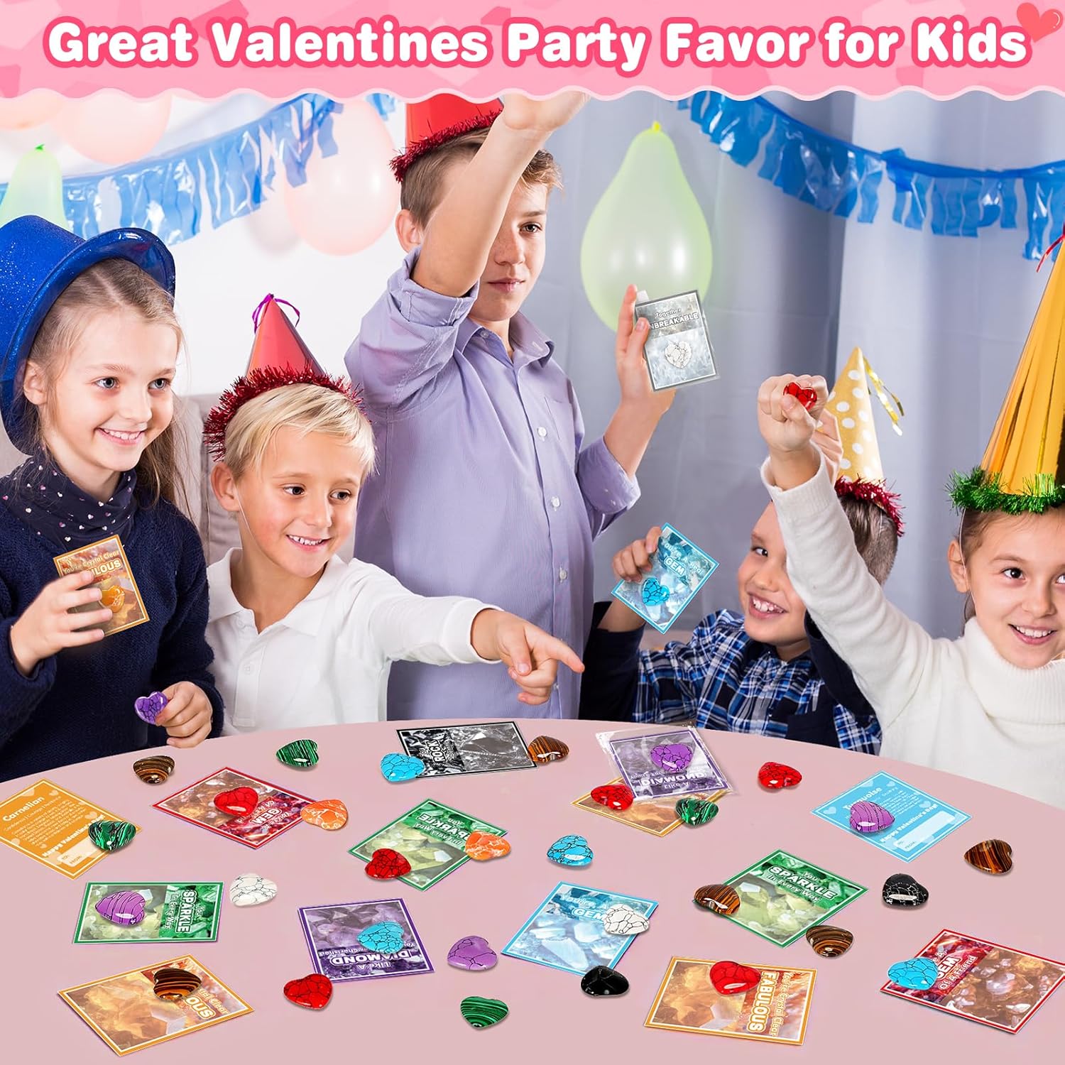 Jumlys Valentines Day Gifts for Kids, 24 Packs Valentines Day Cards with Heart-shaped Gemstone for School, Valentine Day Party Favors for Boys Girls, Ideal Exchange Cards for Classroom