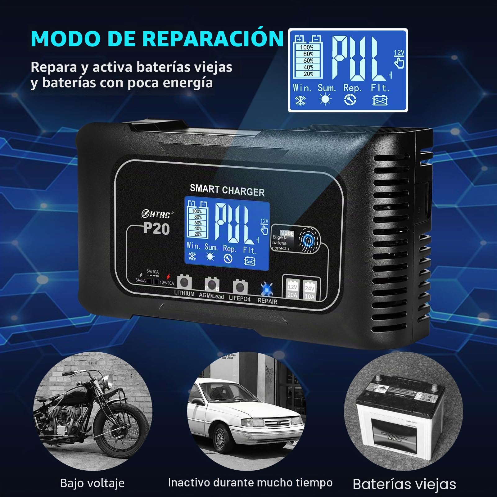 Haisito Cargador Baterias Coche 12V/24V 20A, Cargador de Baterias Rápido Inteligente Coche y Moto, Desulfatador y Mantenedor para baterías de LiFePO4 Litio Plomo ácido (AGM, GEL, EFB, SLA, VRLA)