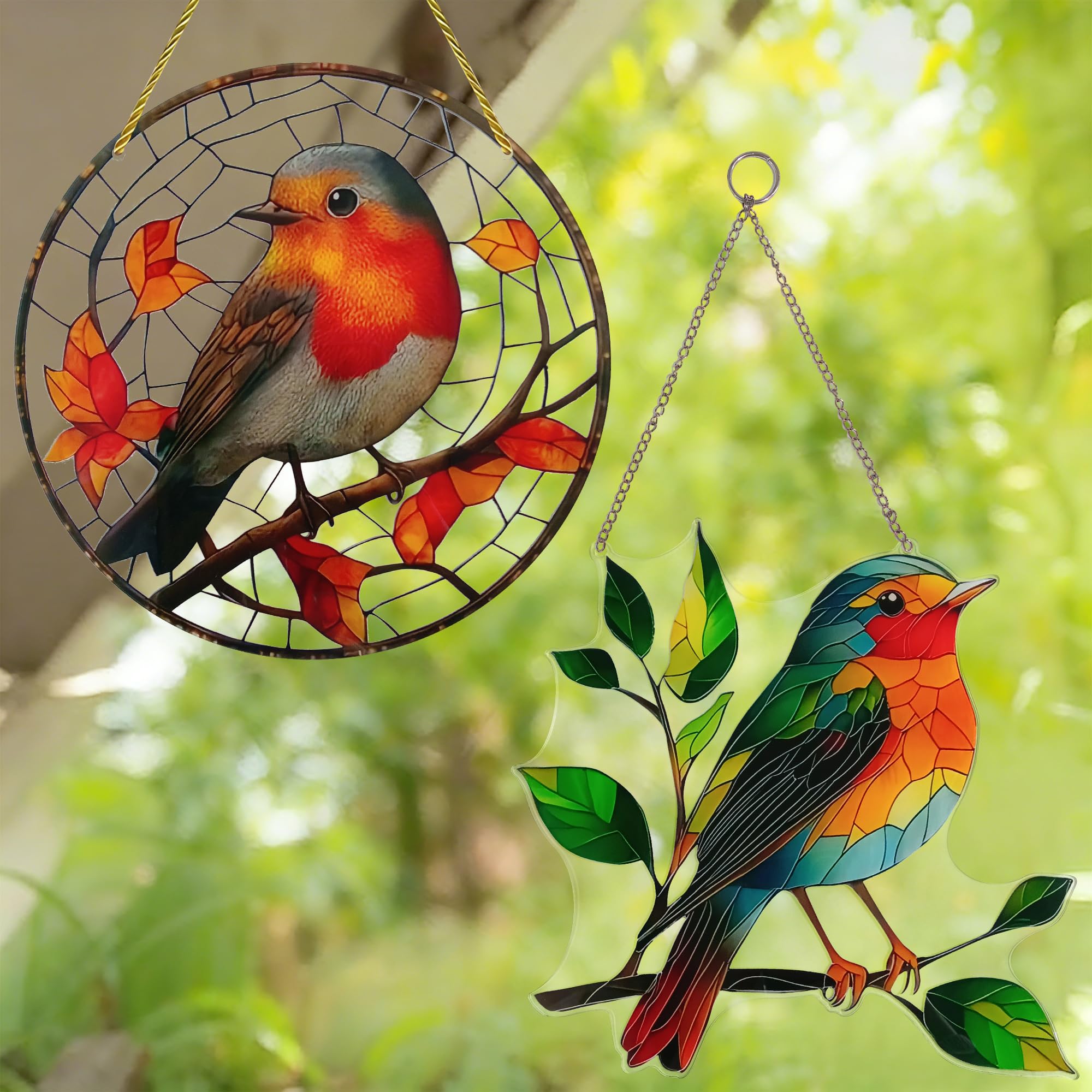 2-Pack 2D Suncatchers for Windows Hanging Decorations, Acrylic Bird Stained Glass Effect, Garden Ornaments Outdoor, Robin Suncatcher, Suncatchers for Windows, Suncatcher Branch Ornament Accent