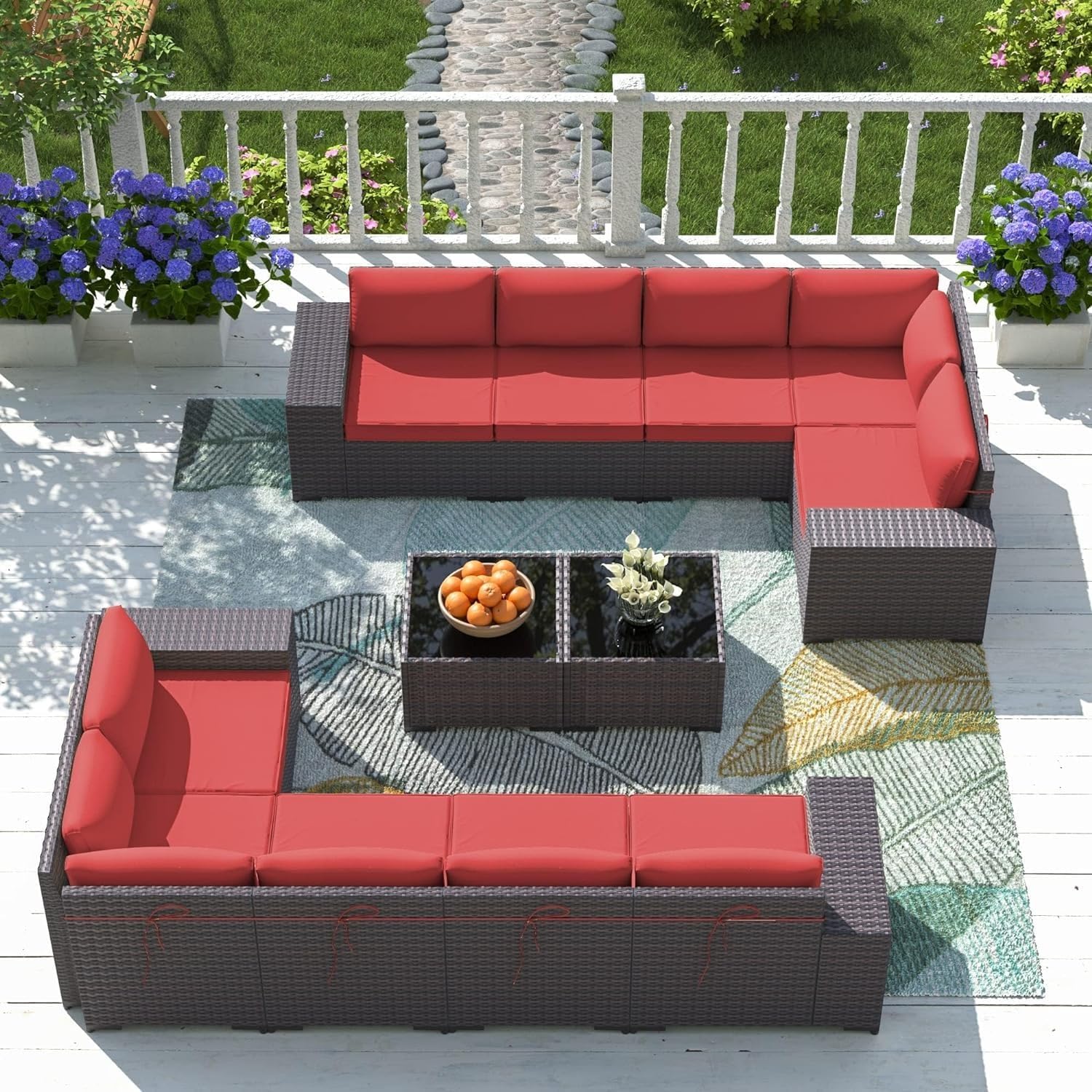 Patio Furniture Sectional Sofa with 2 Glass Table 12 Piece Outdoor Patio Furniture Sets All Weather Wicker Rattan Couch, Backyard Patio Conversation Sets