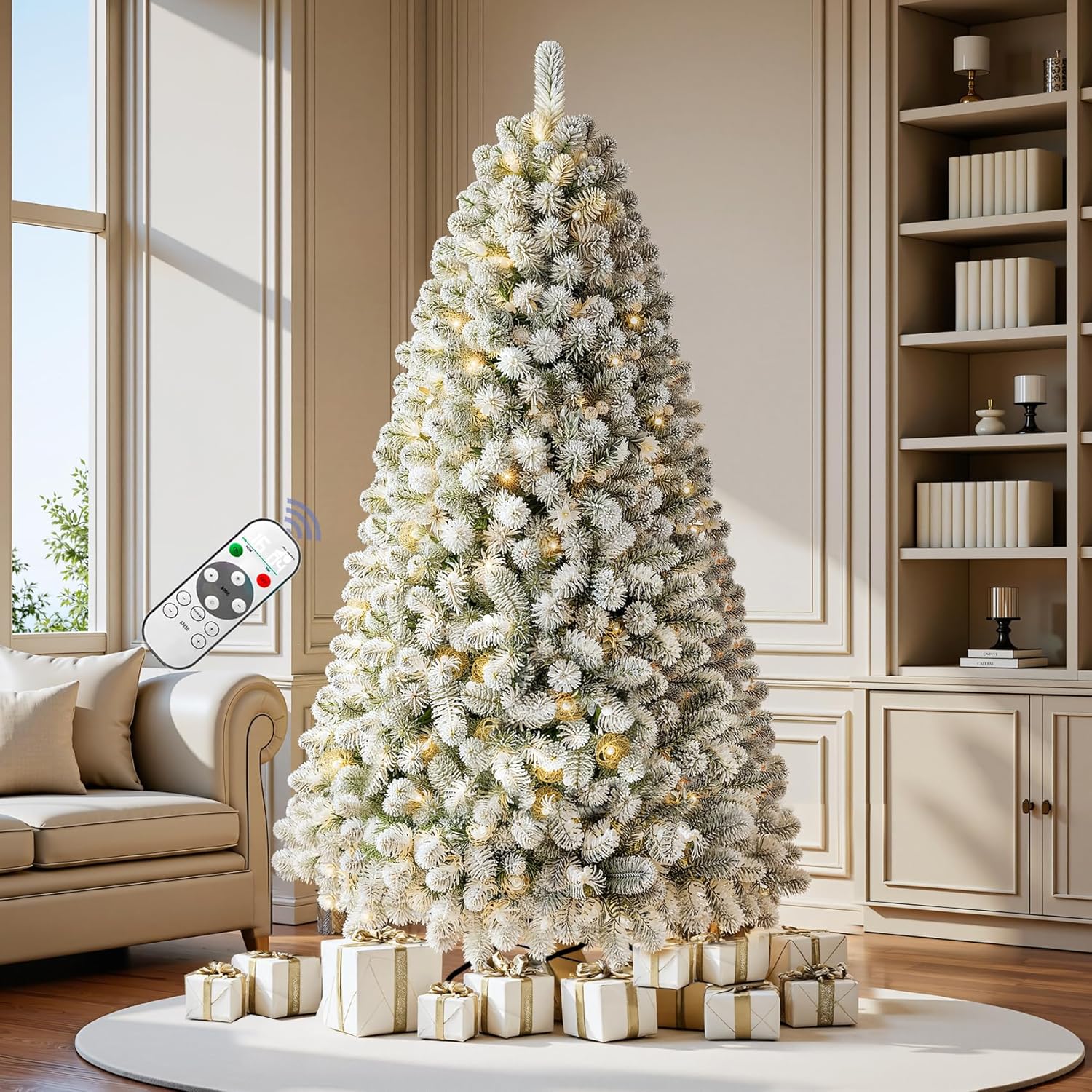 7.5 FT Pre-lit Snow Flocked Christmas Tree Spruce with Remote Control, 350 Warm White Multi-Color Changing LED Lights, Artificial Hinged/Feel Real/Realistic for Home, Dual Color LED Snow Flocked 7ft 6in