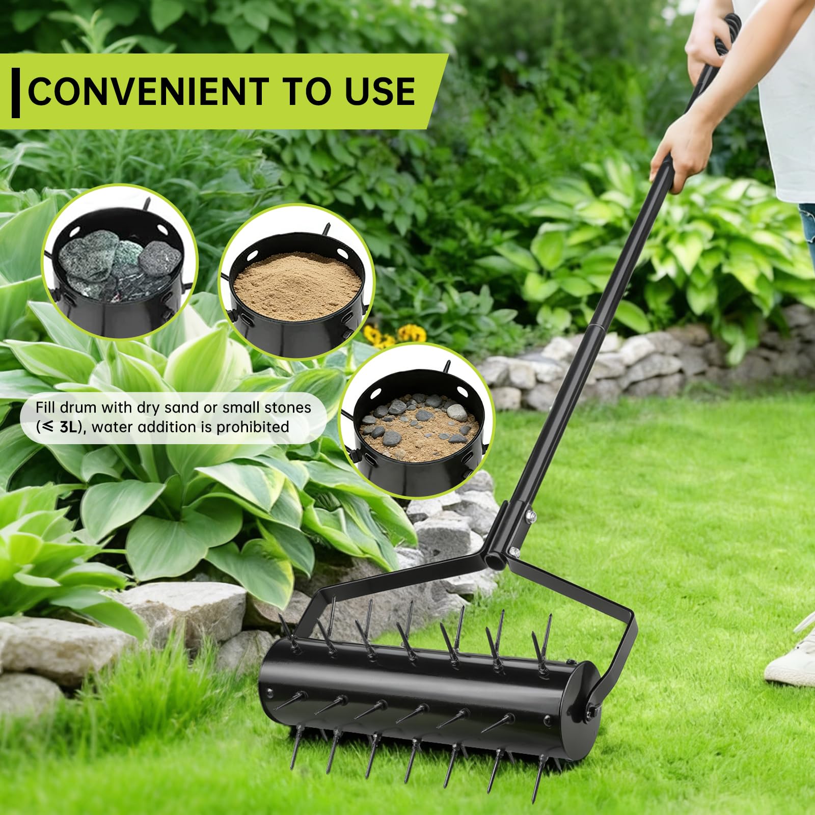 Rodillo Aerificador Manual para Césped 44 x 141 cm – Escarificador Manual con 39 Púas (5,8 cm) y Mango – Rodillo Airificador – Descompactador para Jardín, Patio, Terraza