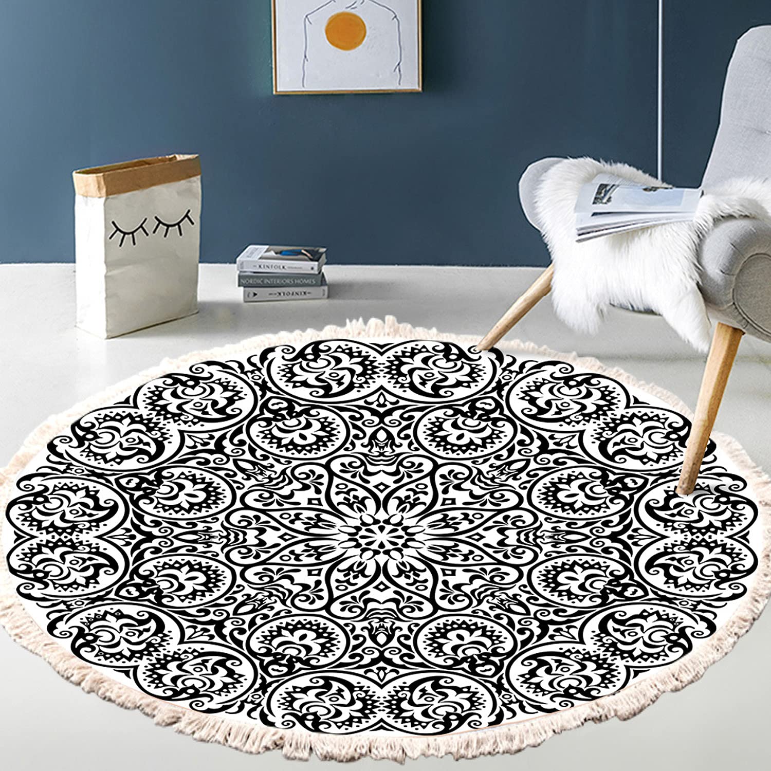 Tappeto rotondo in cotone, lavabile in lavatrice, tessuto a mano, tappetino per ingresso, con nappe, motivo bohémien, adatto per soggiorno e divano, 180 cm