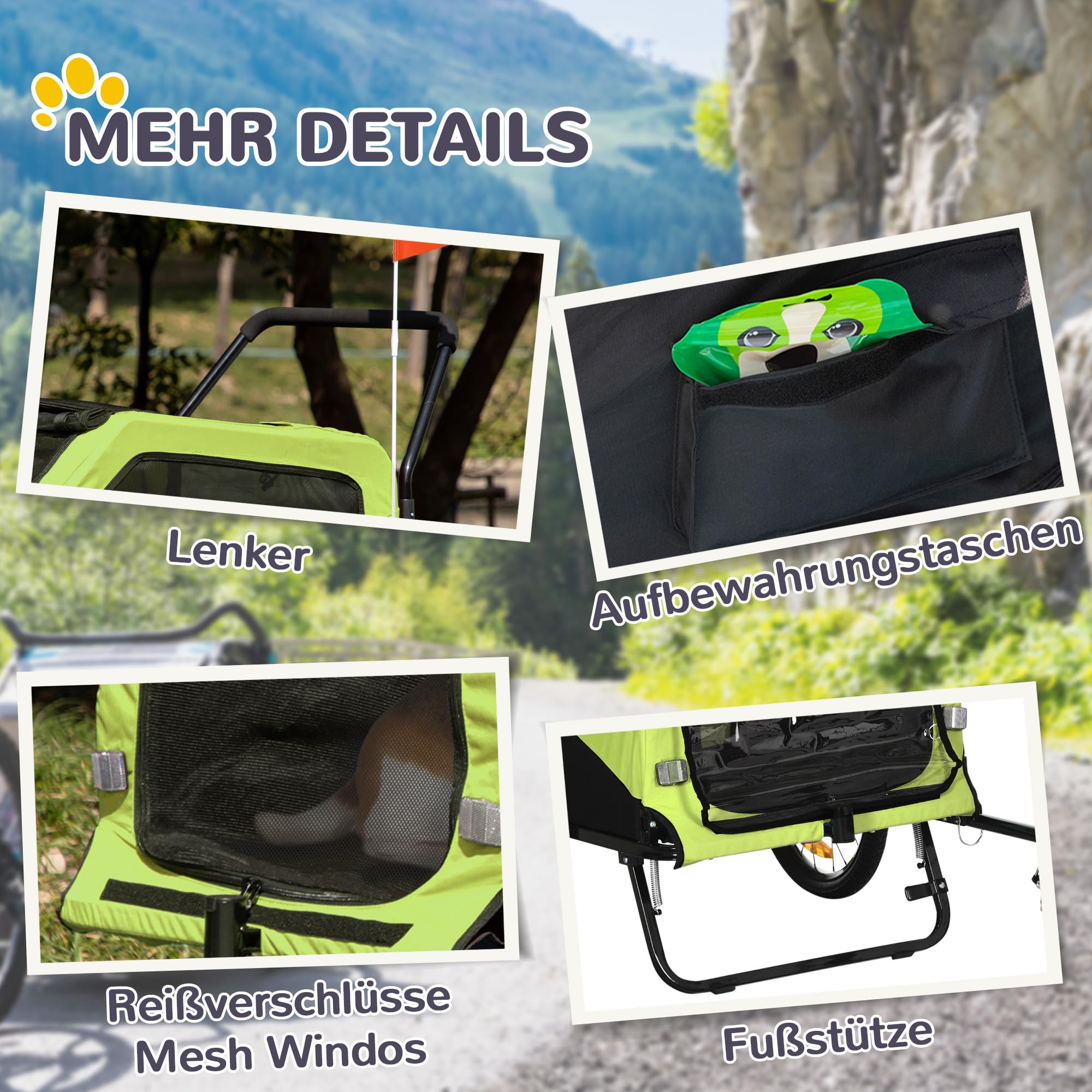 PawHut Rimorchio bici 2 in 1 passeggino per cani grandi con gancio verde | Ruote 20" a sgancio rapido, carrello bici per animali, per viaggio